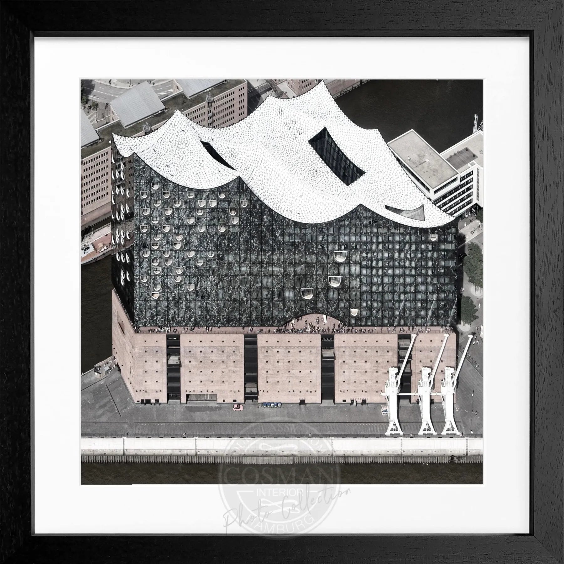Schwarz-weiß Poster mit Rahmen von Hamburg Elphi, quadratisch, 55x55cm, von Cosman-Photocollection