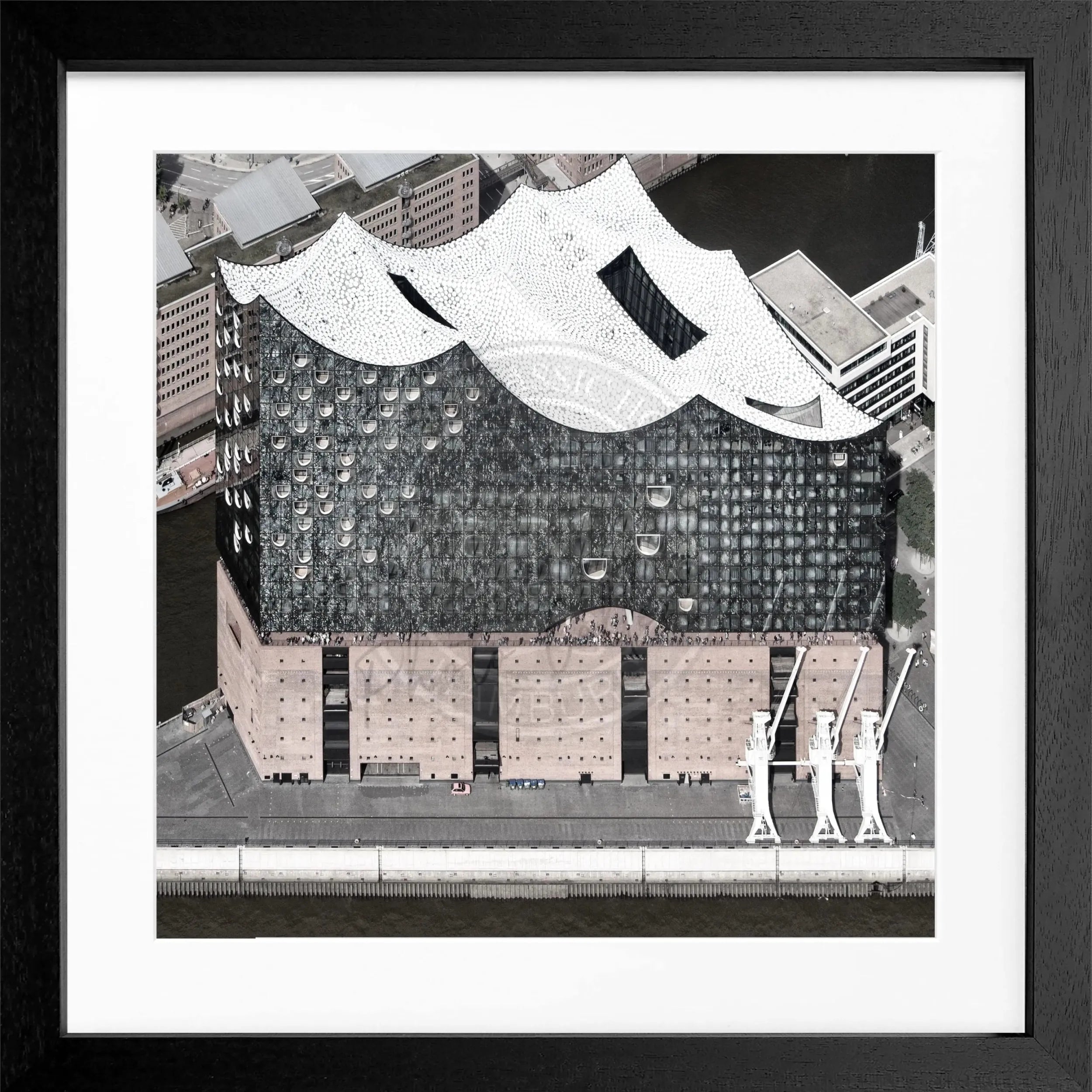 Schwarz-weiß Poster mit Rahmen von Hamburg Elphi, quadratisch, 55x55cm, von Cosman-Photocollection