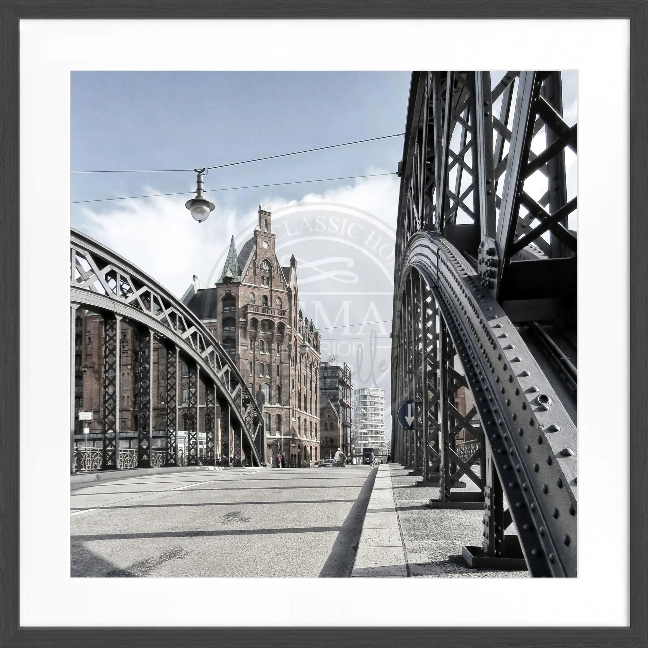 Schwarz-Weiß-Poster mit Rahmen, Hamburg Speicherstadt Motiv, 55x55cm, von Cosman-Photocollection, quadratisch, stilvoller Wanddekoration