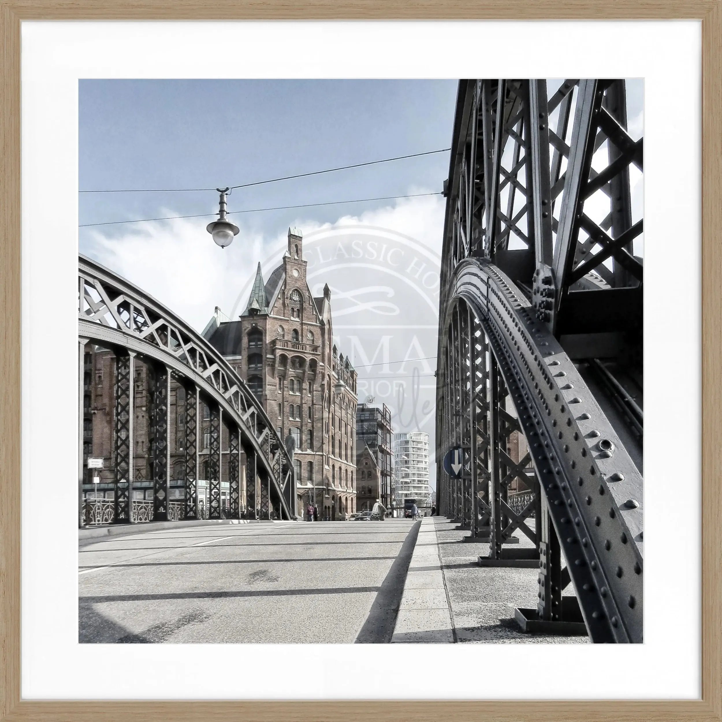 Schwarz-weiß Poster mit Rahmen von Hamburg Speicherstadt, quadratisches Fotomotiv, 55x55cm, von Cosman-Photocollection