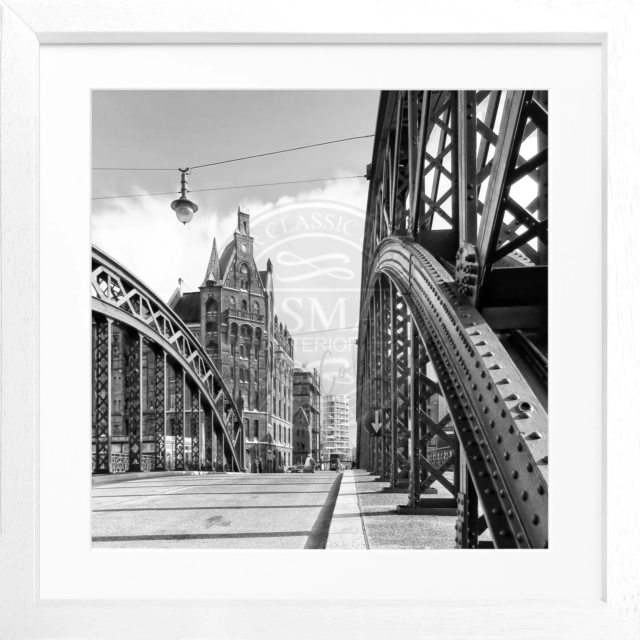 Schwarz-weiß Poster mit Rahmen von Hamburg Speicherstadt, quadratisches Wandbild von Cosman-Photocollection, 55x55 cm
