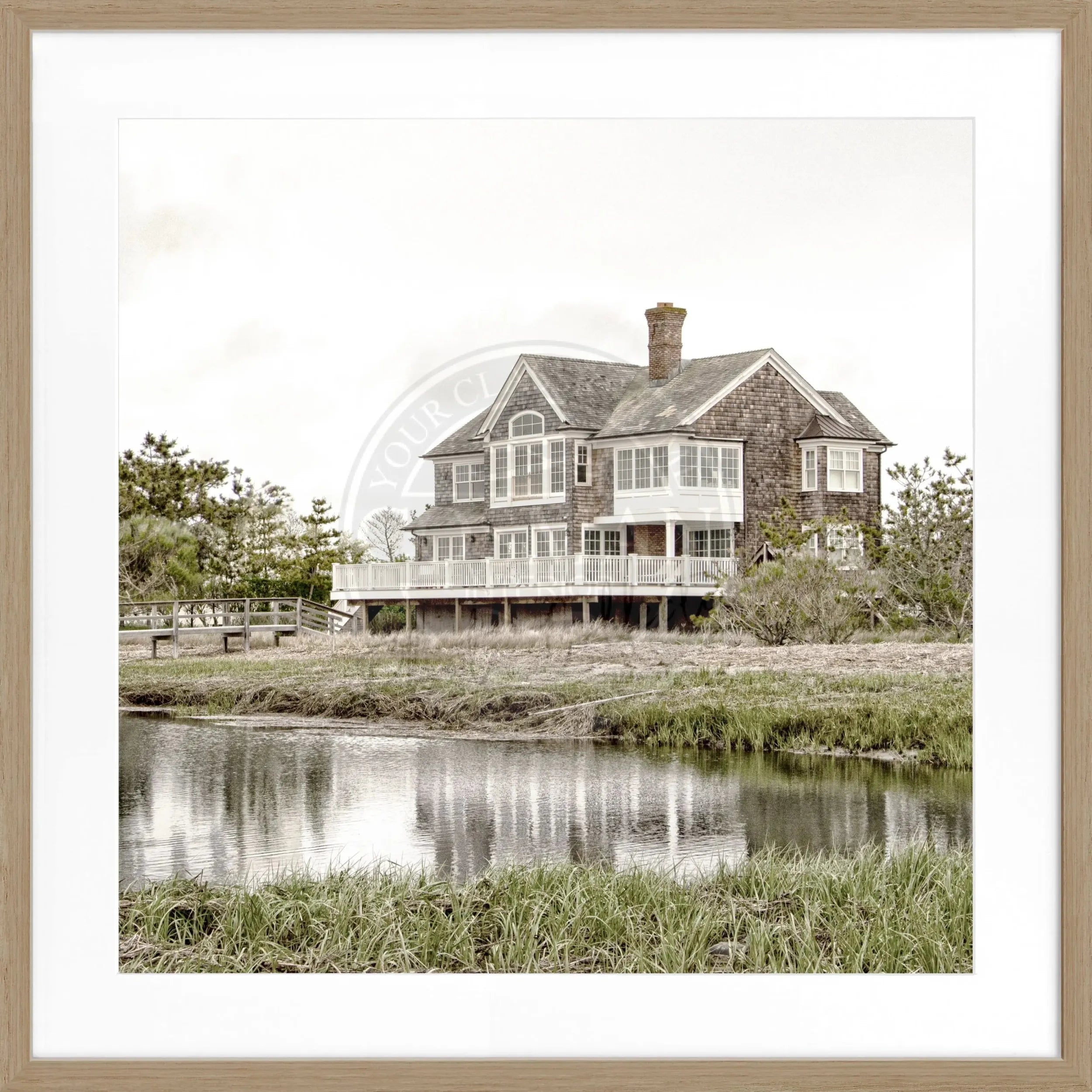 Schwarz-weiß Poster mit Rahmen, Hamptons Long Island „Beach House“ von Cosman-Photocollection, quadratisch, 55x55 cm