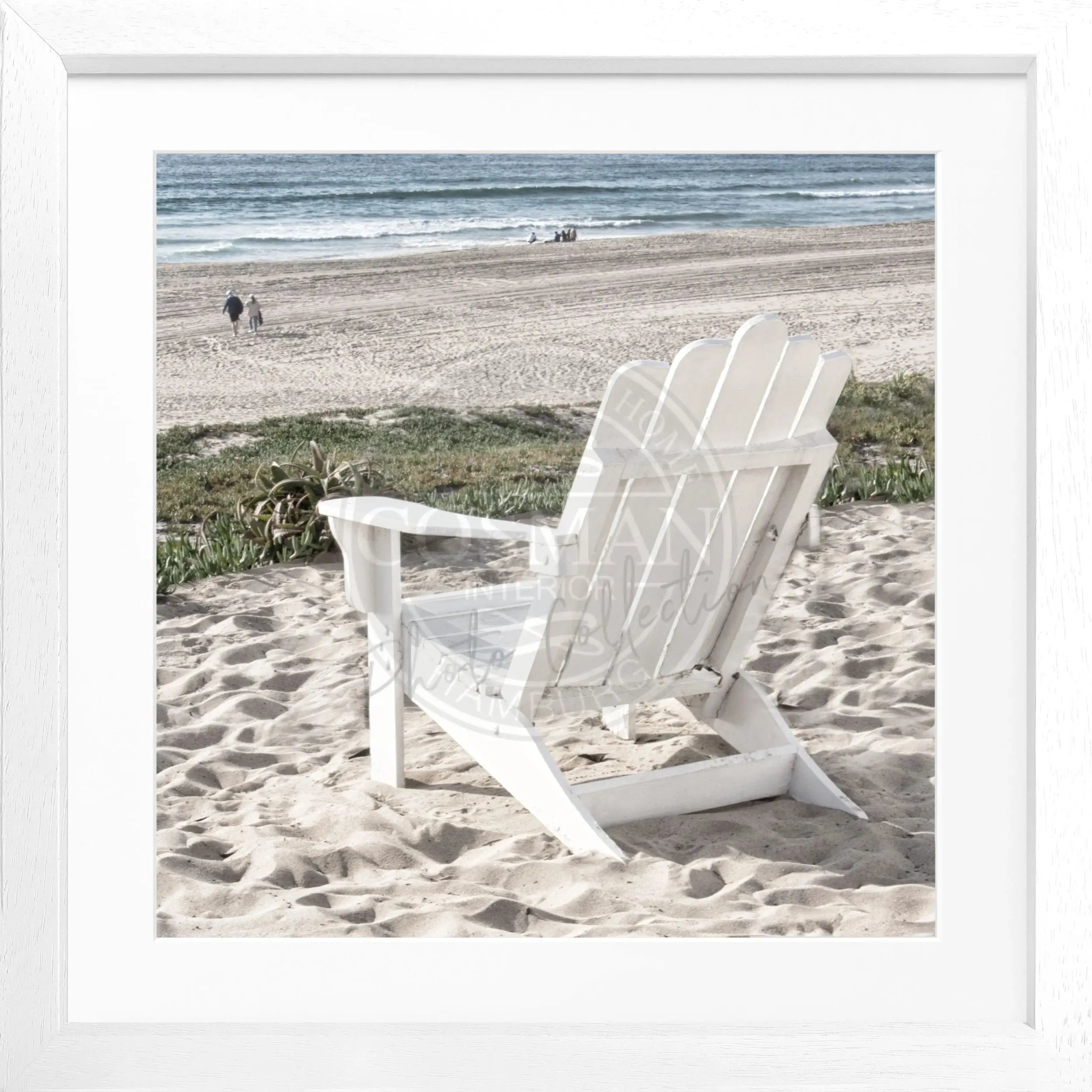 Schwarz-weiß Poster mit Rahmen von Cosman-Photocollection, Kalifornien mit Deckchair, quadratisch 55x55cm, modernes Wandbild