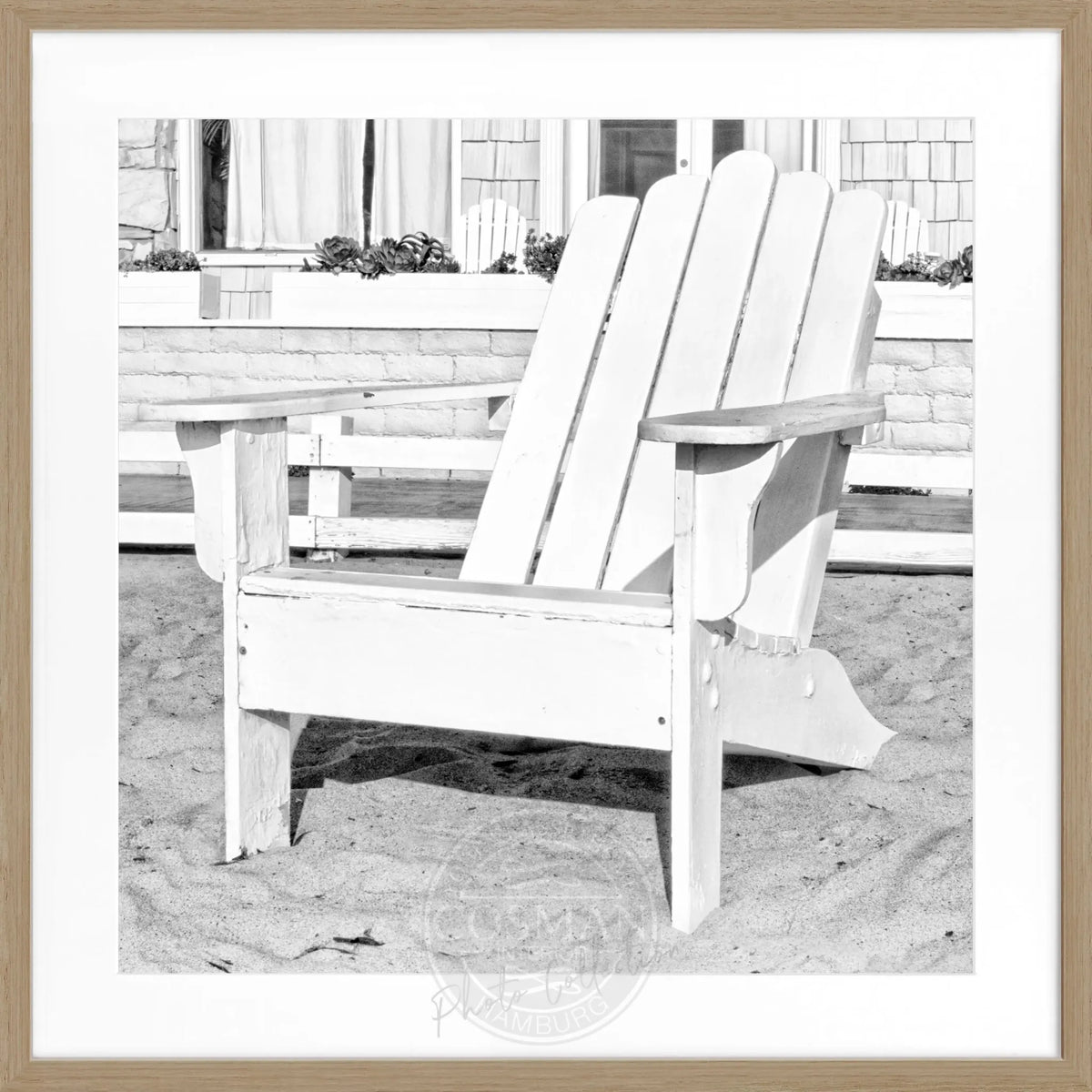 Schwarz-weißes Poster mit Rahmen, Kalifornien-Motiv, Deckchair, von Cosman-Photocollection, quadratisch 55x55 cm
