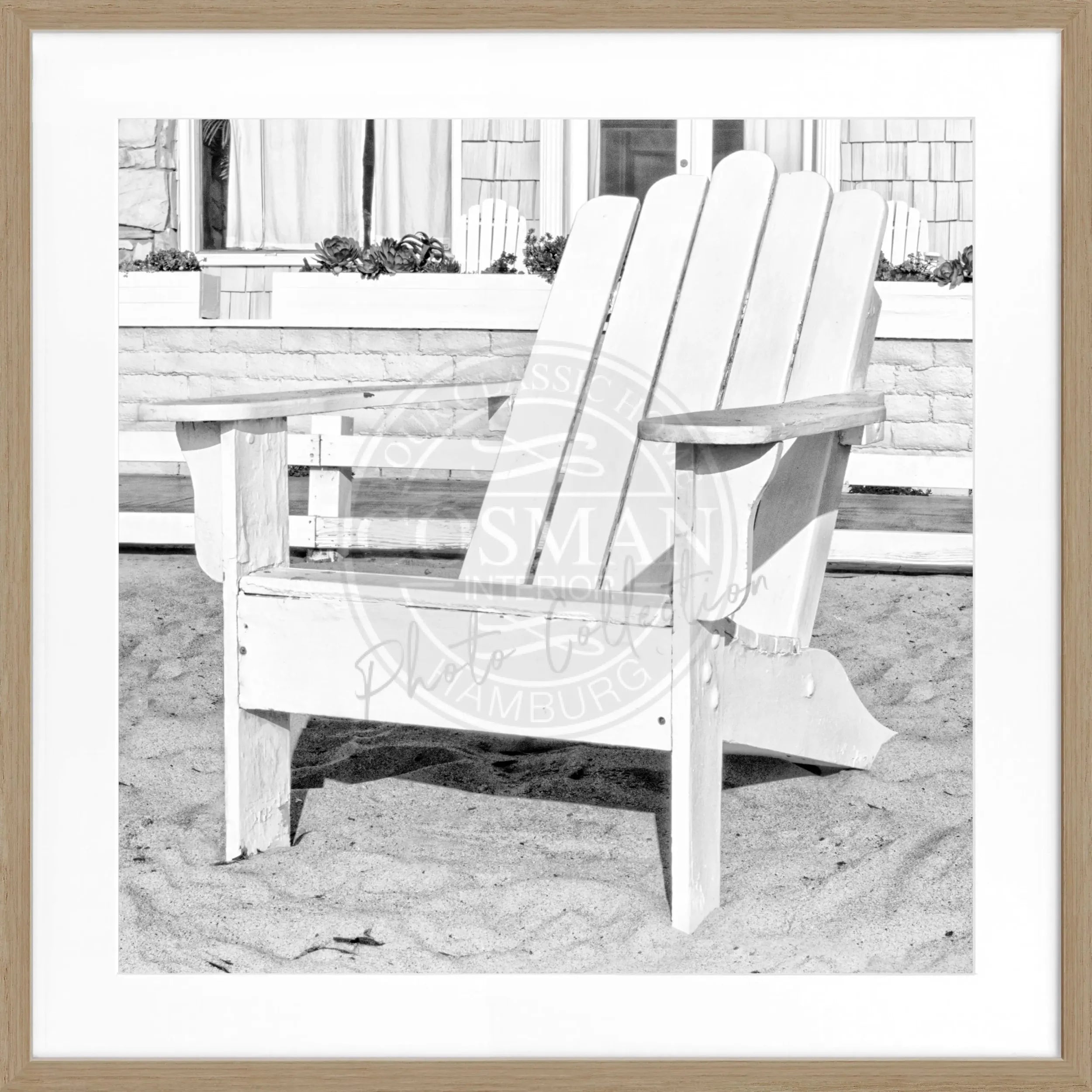 Schwarz-weißes Poster mit Rahmen, Kalifornien-Motiv, Deckchair, von Cosman-Photocollection, quadratisch 55x55 cm