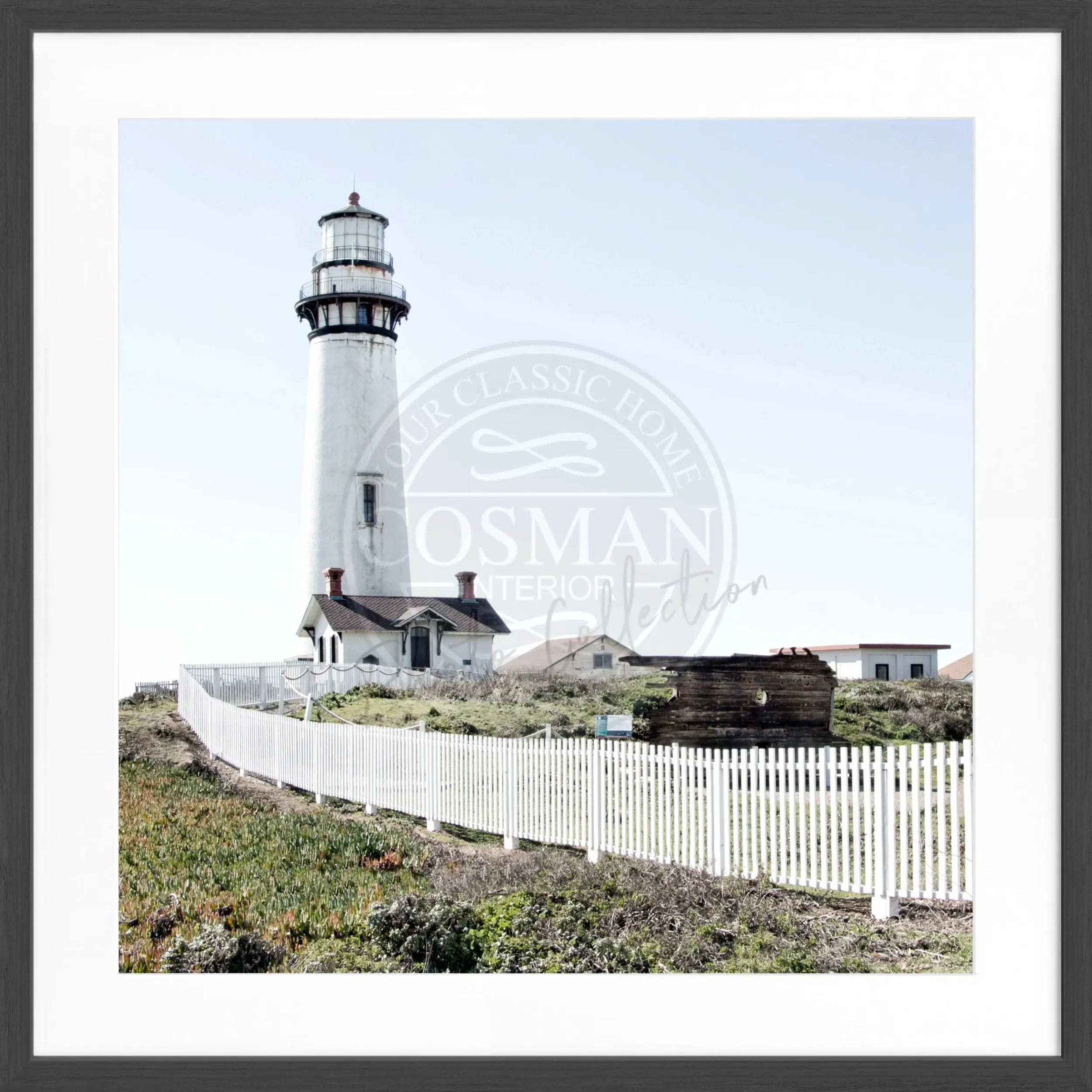 Schwarz-weiß Poster mit Rahmen, Kalifornien Lighthouse Pigeon Point, quadratisch 55x55cm, von Cosman-Photocollection