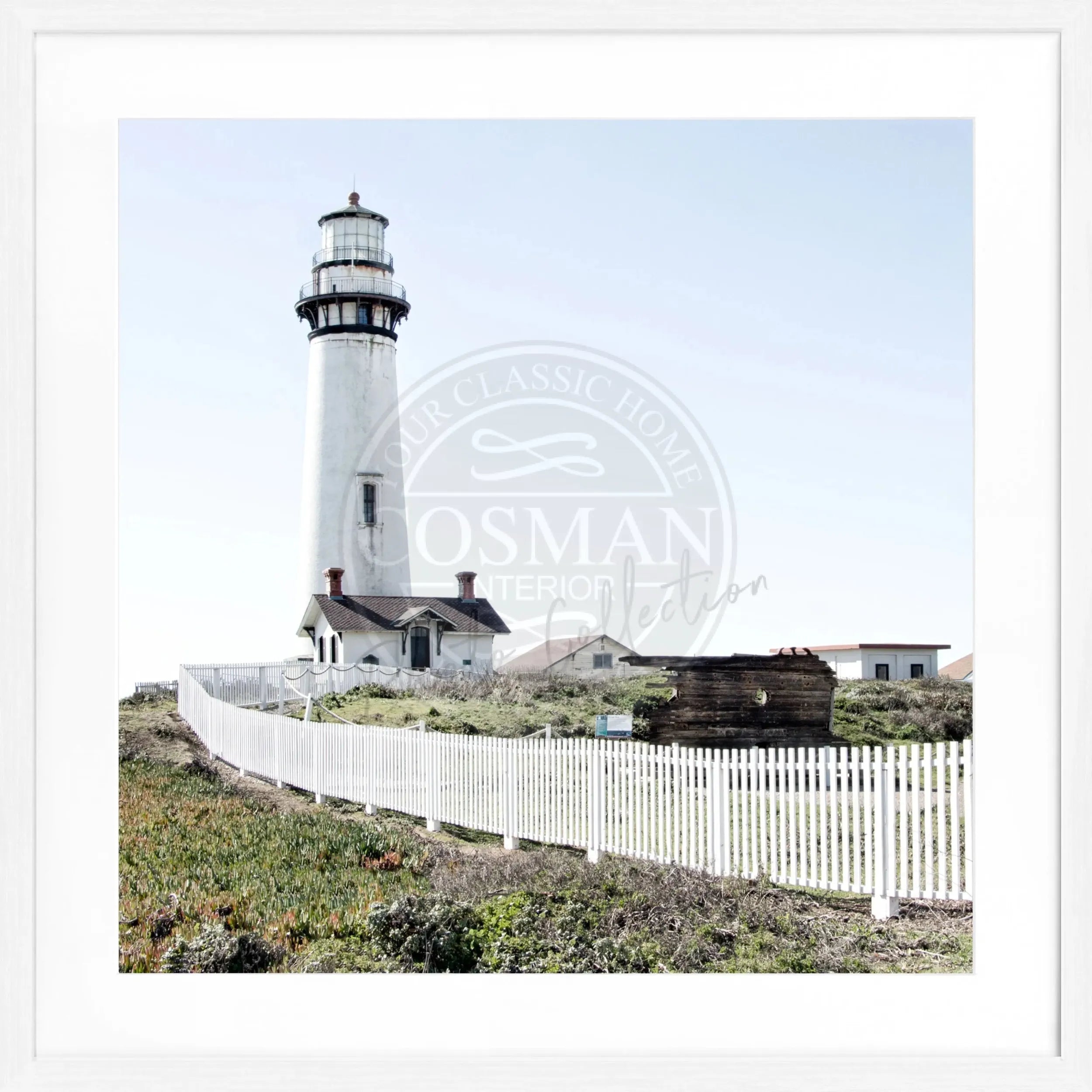 Schwarzer und weißer Poster mit Rahmen, Kalifornien Lighthouse Pigeon Point, von Cosman-Photocollection, quadratisch, 55x55 cm