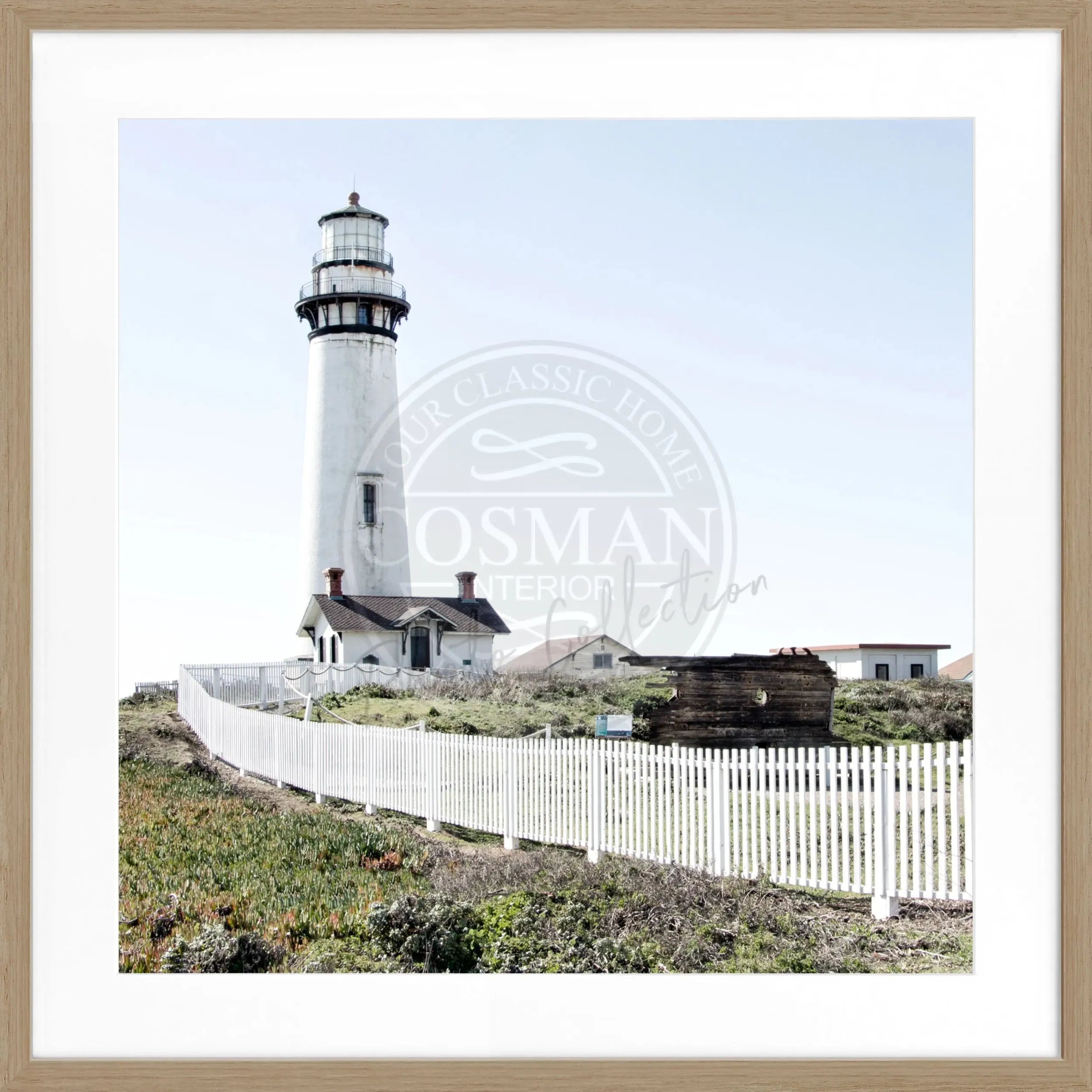 Schwarz-weiß Poster mit Rahmen von Cosman-Photocollection, Kalifornien Leuchtturm Pigeon Point, quadratisch 55x55cm