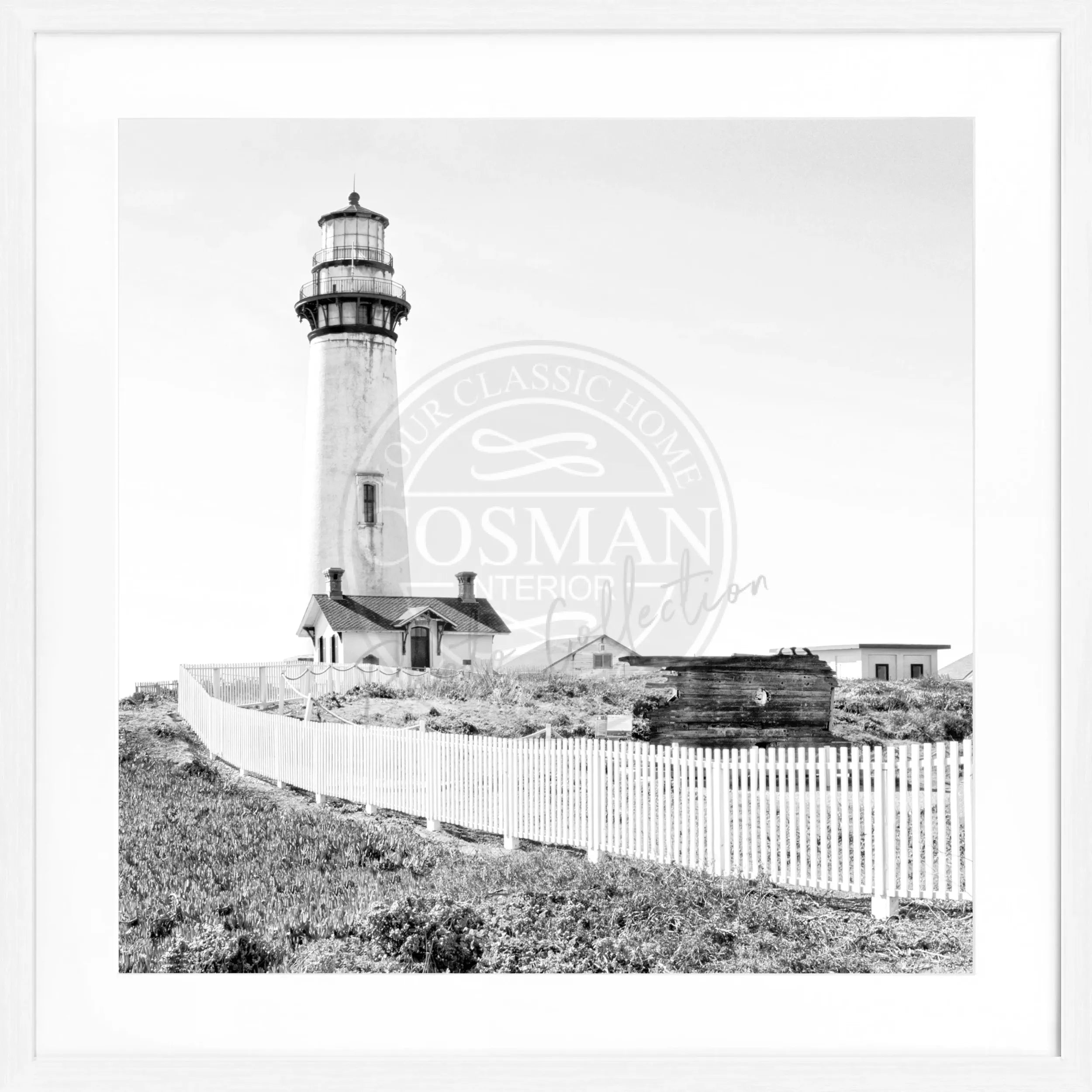 Schwarz-weiß Poster mit Rahmen, Kalifornien Lighthouse Pigeon Point, von Cosman-Photocollection, quadratisches 55x55cm Wandbild