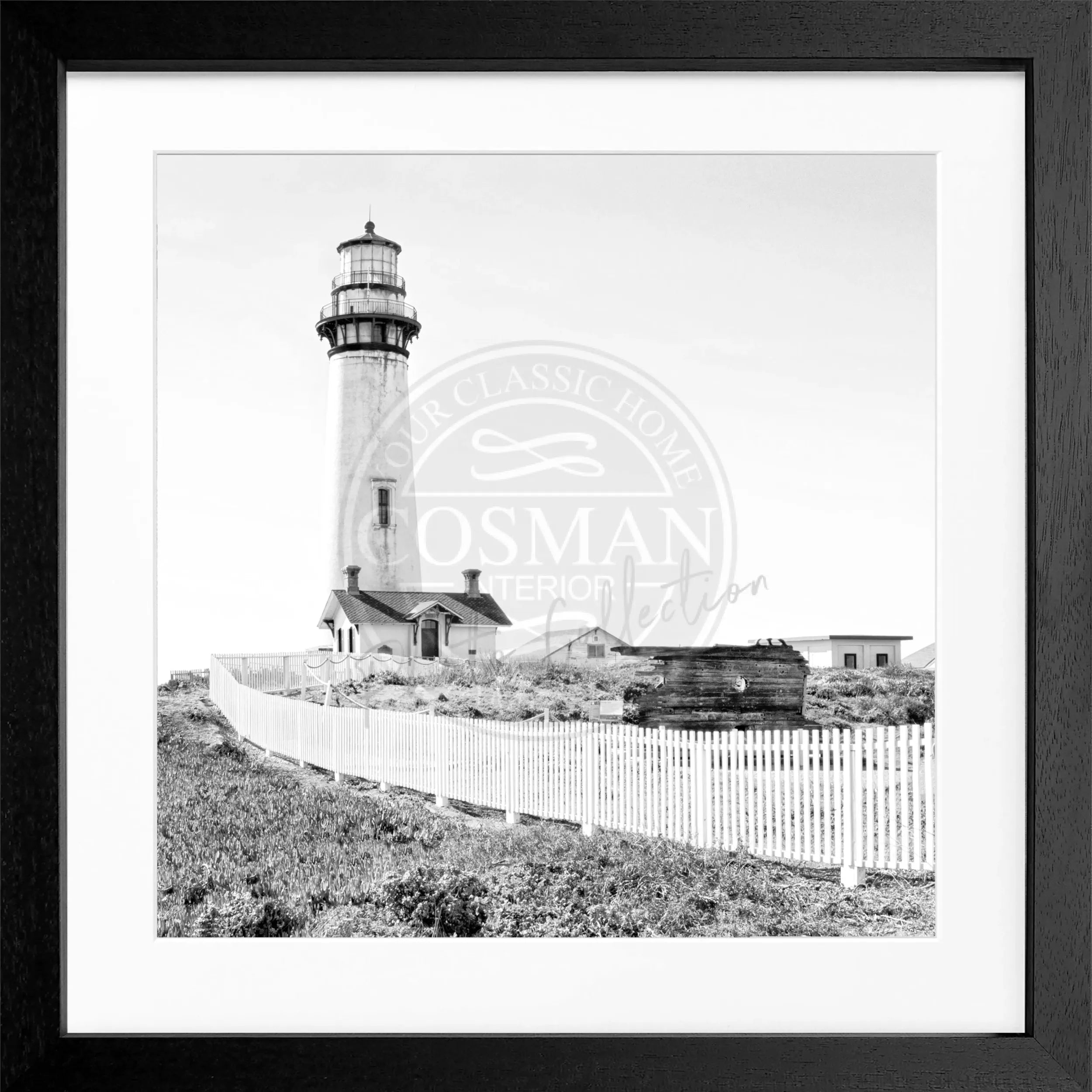 Schwarz-weiß Poster mit Rahmen von Cosman-Photocollection, Kalifornien Leuchtturm Pigeon Point, quadratisches 55x55cm Motiv.