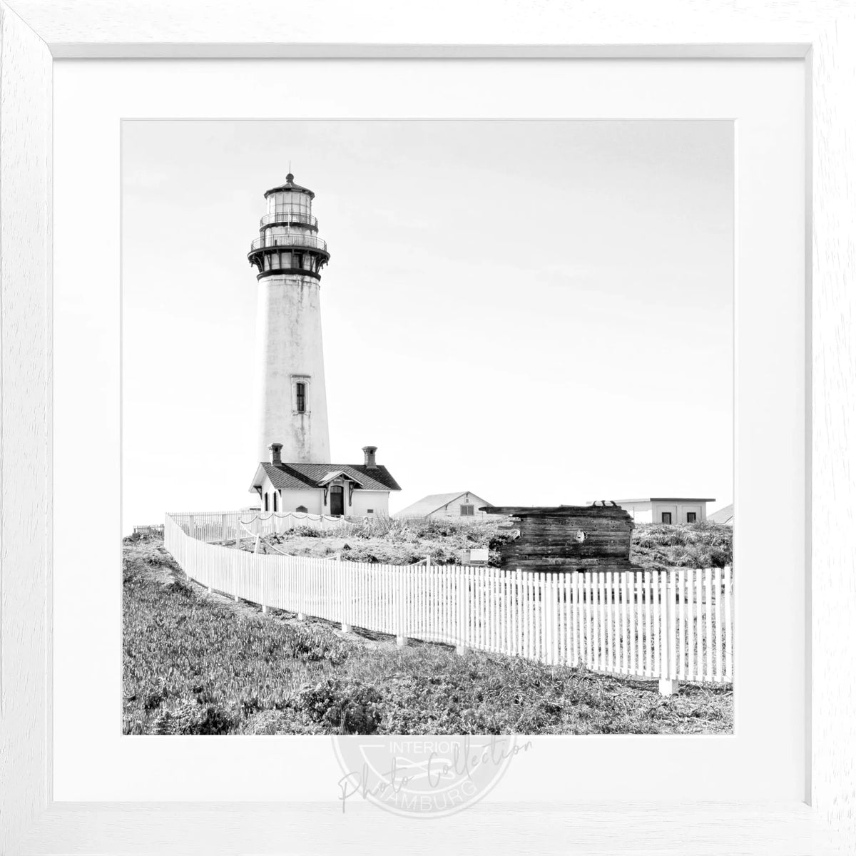 Schwarz-weiß Poster mit Rahmen von Cosman-Photocollection, Kalifornien Lighthouse Pigeon Point, quadratisches 55x55cm Wandbild