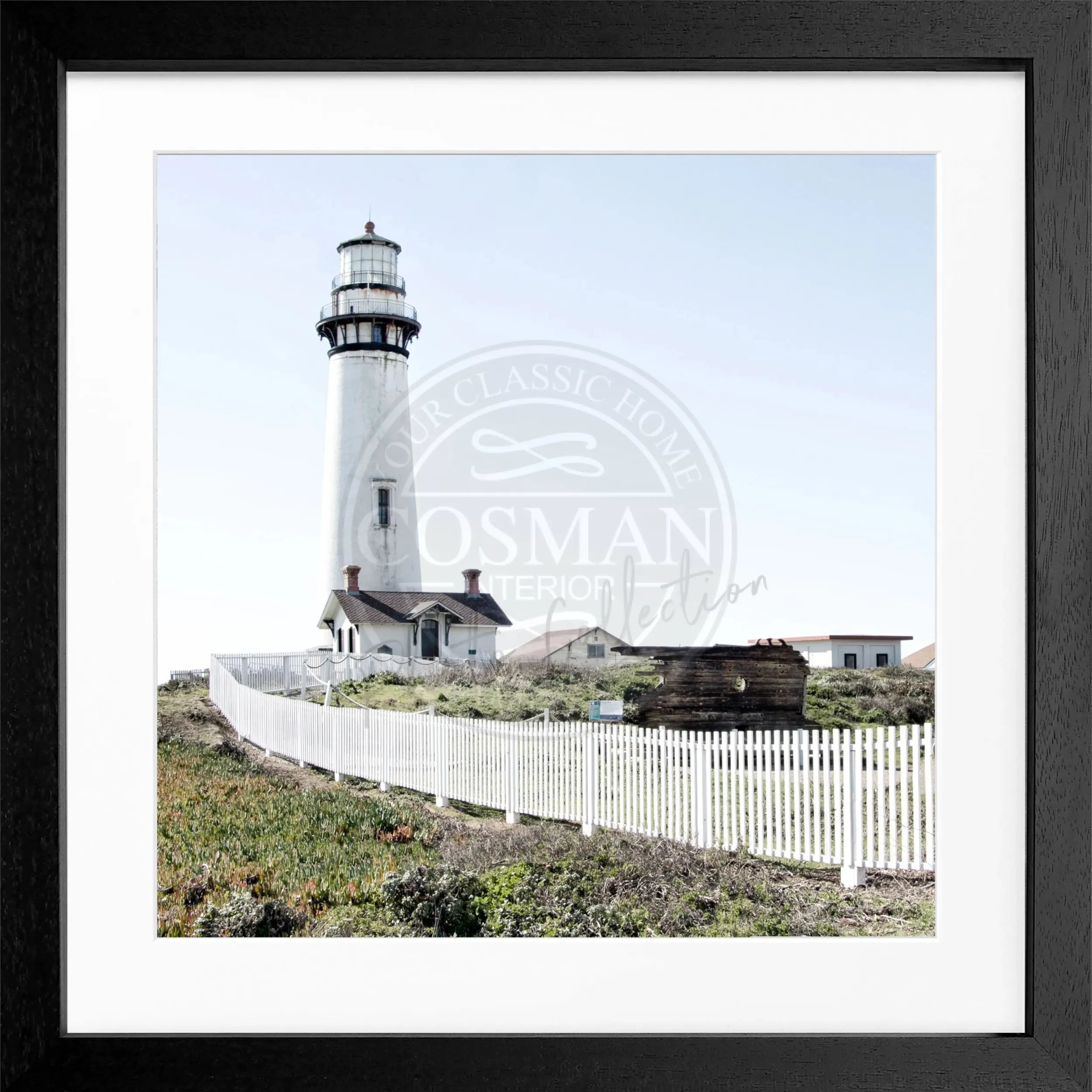 Schwarz-weiß Poster mit Rahmen, Kalifornien Lighthouse Pigeon Point, von Cosman-Photocollection, quadratisch 55x55cm.