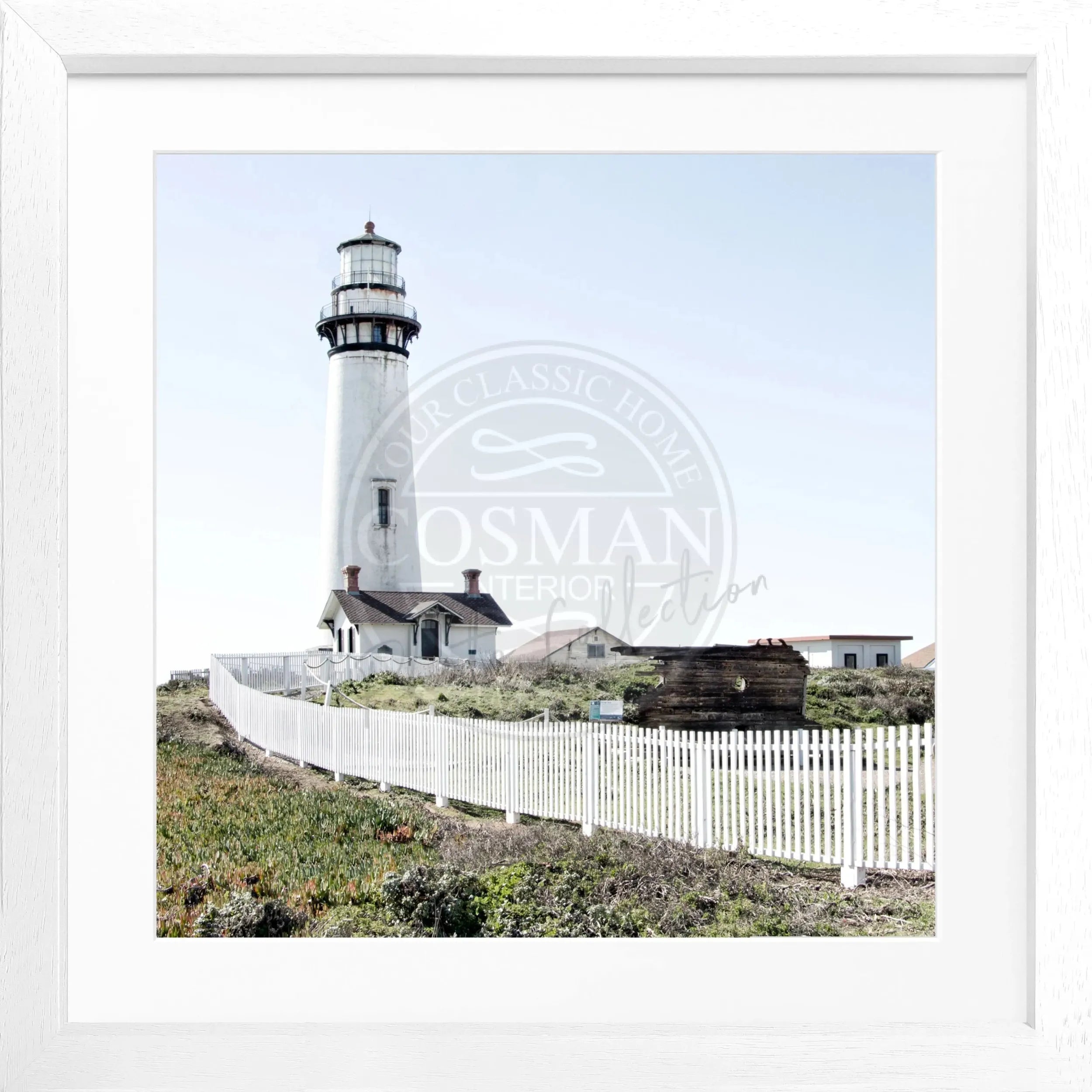Schwarz-weiß Poster mit Rahmen, Kalifornien Leuchtturm Pigeon Point, Quadratisch, 55x55cm, von Cosman-Photocollection