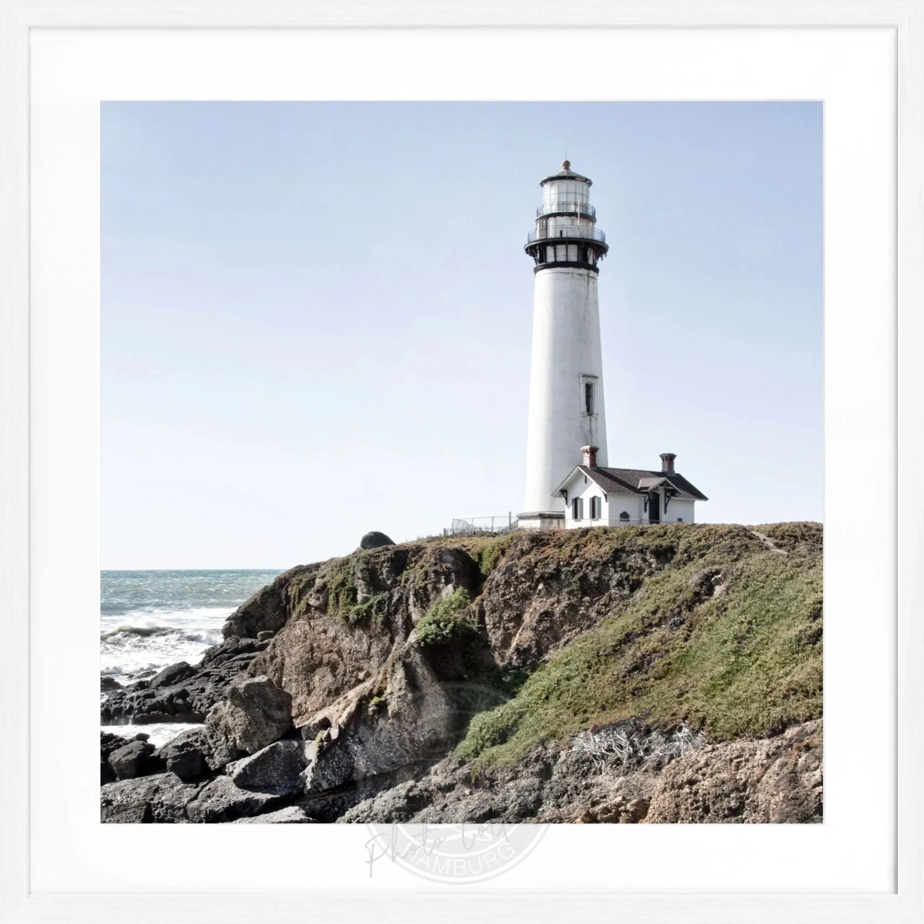 Schwarz-weiß Poster mit Rahmen, Kalifornien Pigeon Point Leuchtturm, Cosman-Photocollection, quadratisch 55x55cm.