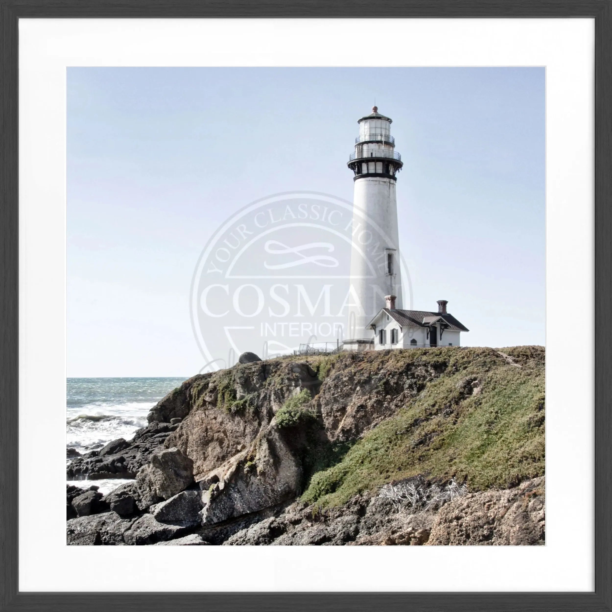 Schwarz-weiß Poster mit Rahmen von Kalifornien, Lighthouse Pigeon Point, von Cosman-Photocollection, quadratisch, 55x55 cm