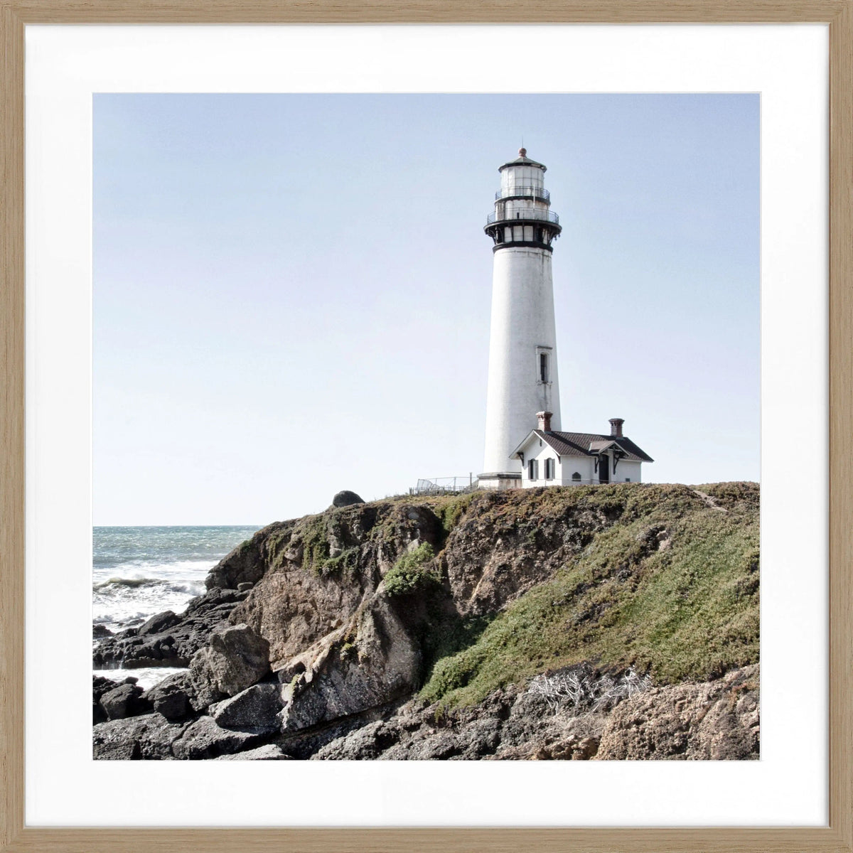 Schwarz-weiß Poster mit Rahmen von Cosman-Photocollection, Kalifornien Lighthouse Pigeon Point, quadratisch, 55x55cm, motiv mit Leuchtturm