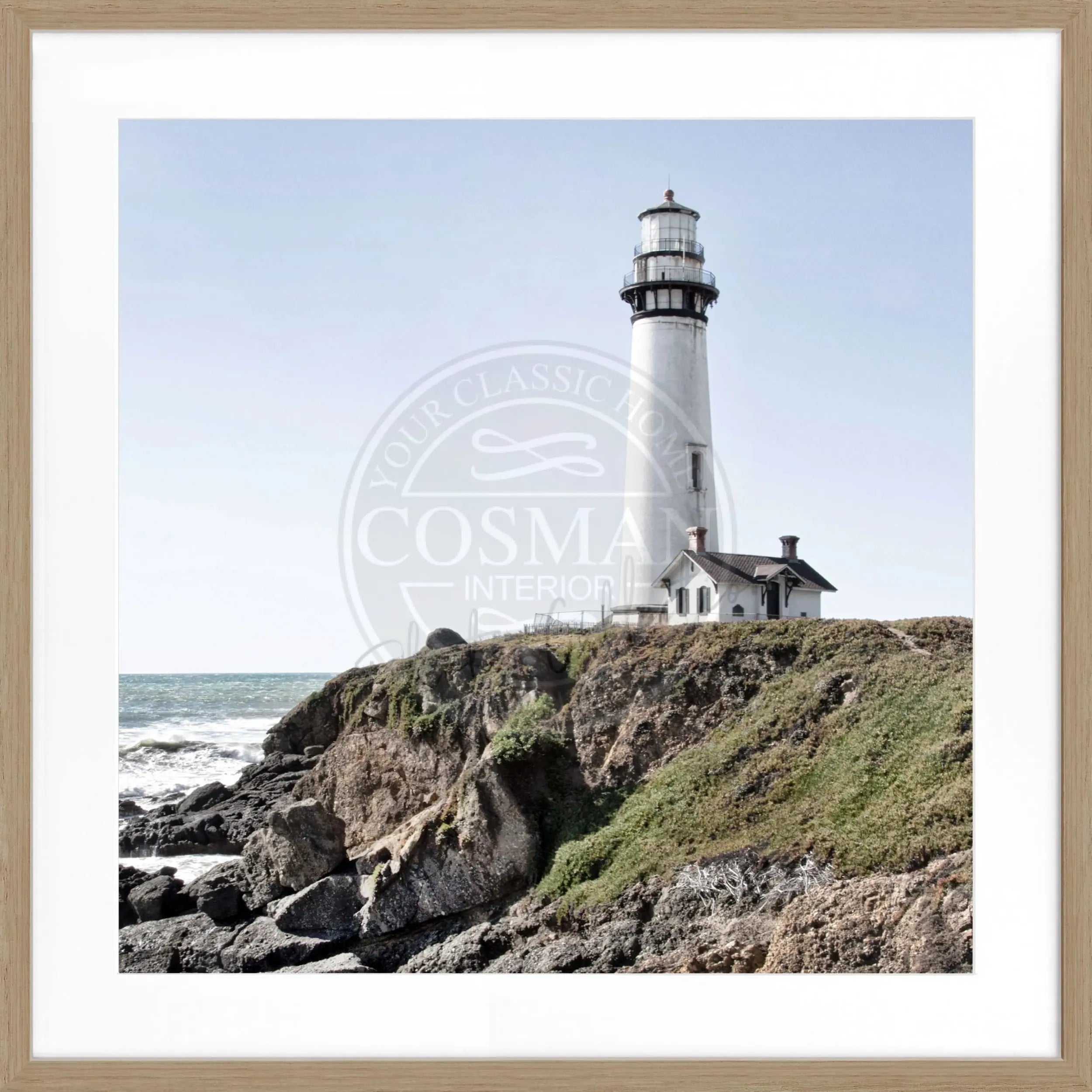 Schwarz-weiß Poster mit Rahmen von Cosman-Photocollection, Kalifornien Lighthouse Pigeon Point, quadratisch, 55x55cm, motiv mit Leuchtturm