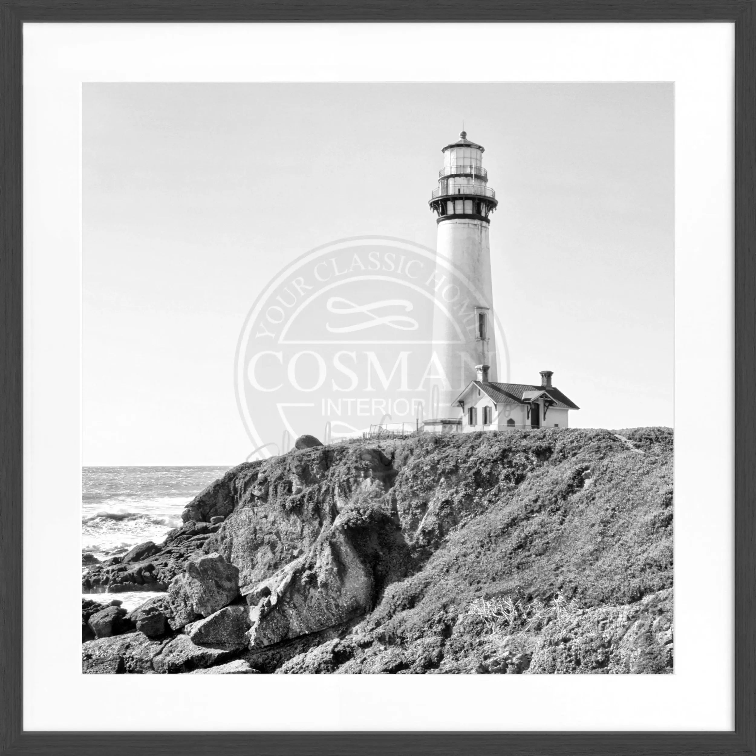Schwarz-weiß Poster mit Rahmen von Cosman-Photocollection, Kalifornien Lighthouse Pigeon Point, quadratisch 55x55cm, Meeresblick