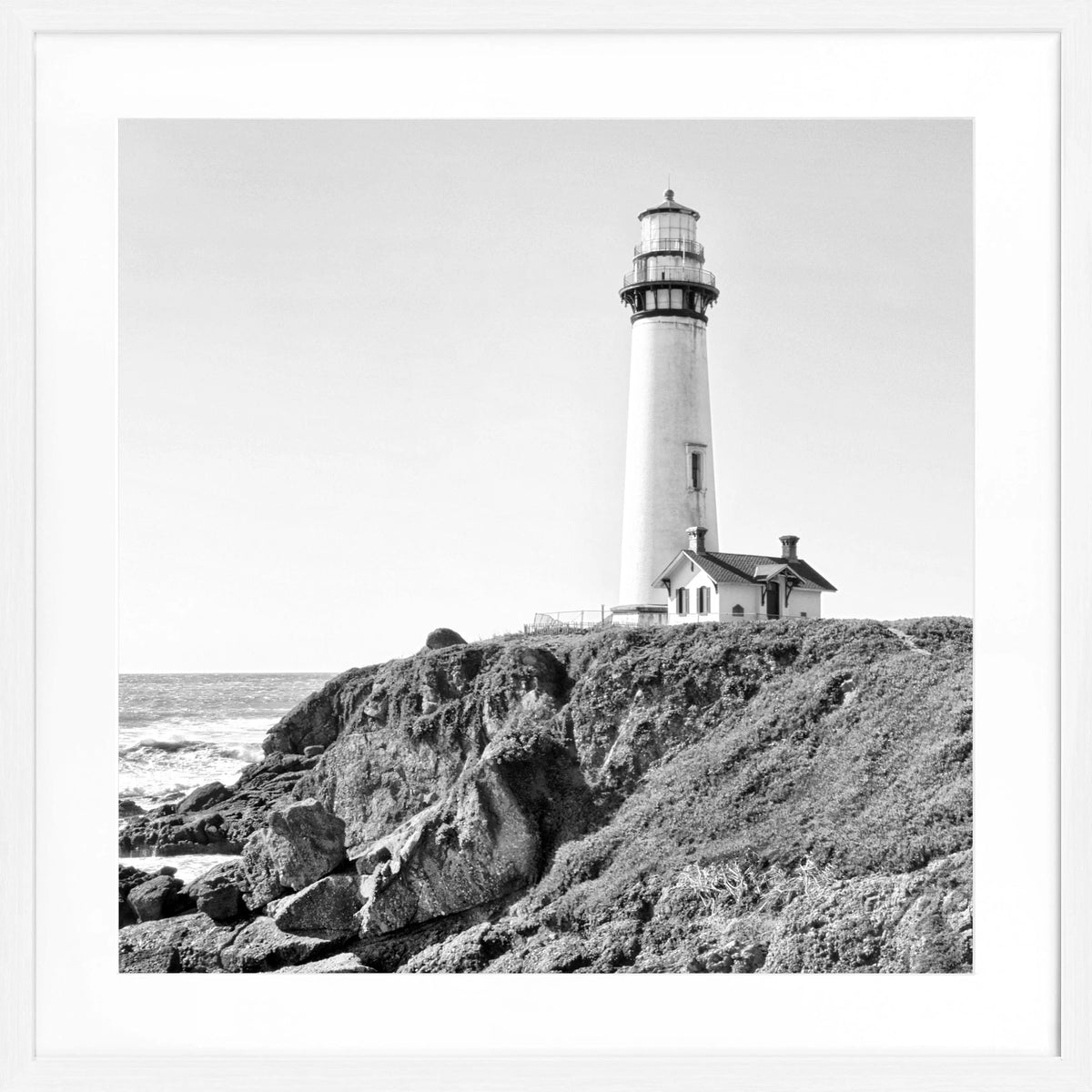 Schwarz-weiß Poster mit Rahmen, Kalifornien Lighthouse Pigeon Point, von Cosman-Photocollection, quadratisch 55x55cm.