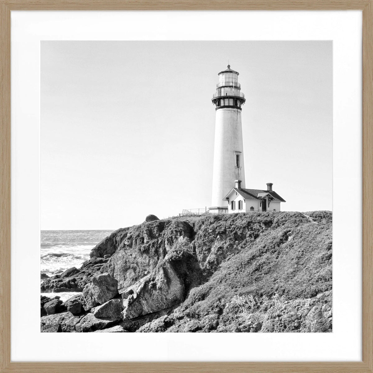 Schwarz-weiß Poster mit Rahmen von Cosman-Photocollection, Kalifornien Pigeon Point Leuchtturm, quadratisch, 55x55 cm