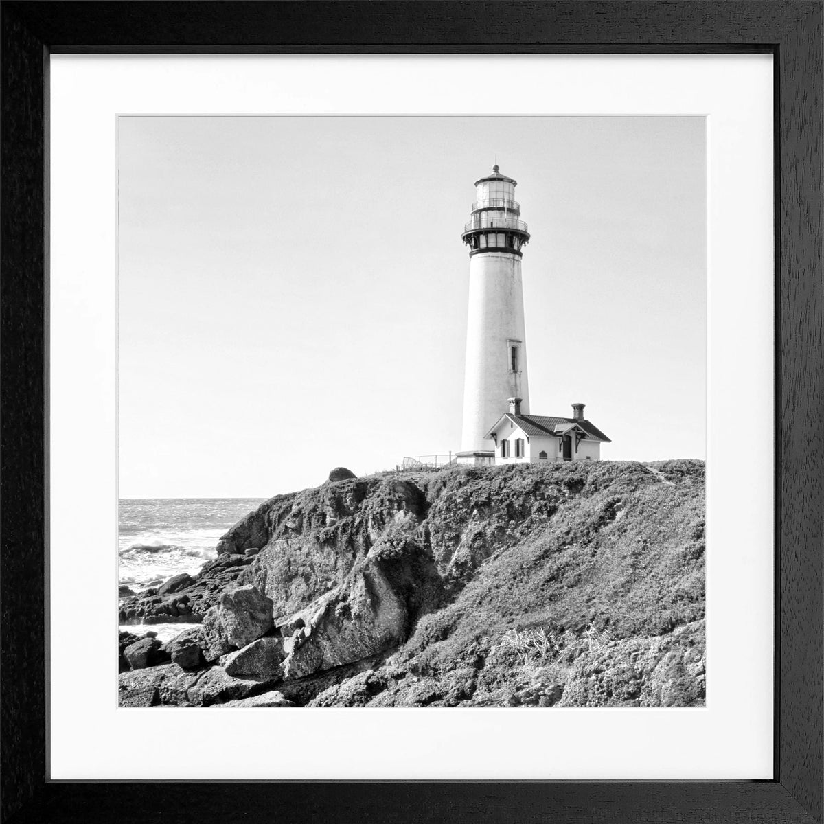 Schwarz-weiß Poster mit Rahmen von Cosman-Photocollection, Kalifornien Lighthouse Pigeon Point, quadratisch, 55x55cm, Fotokunst.