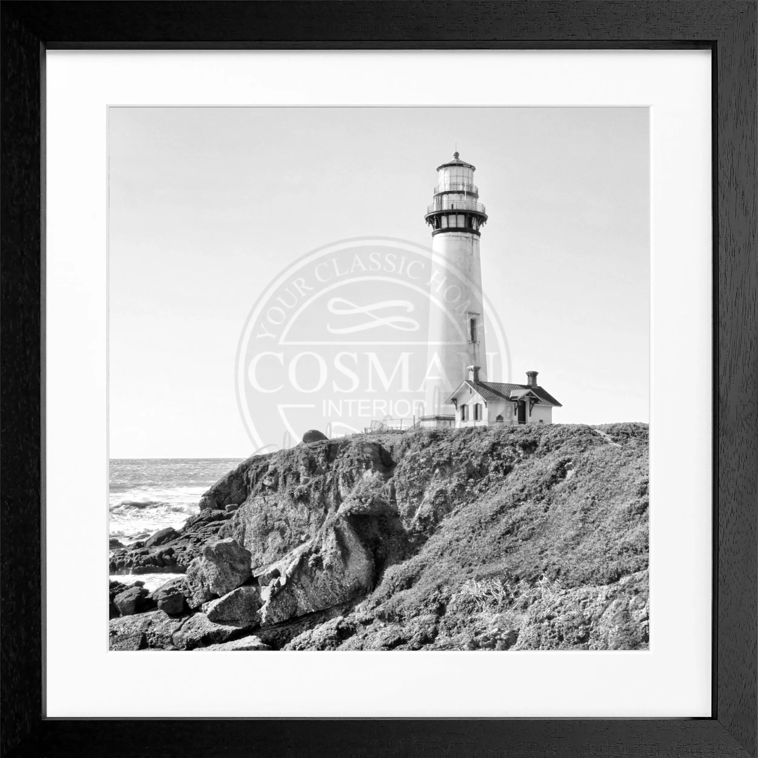 Schwarz-weiß Poster mit Rahmen von Cosman-Photocollection, Kalifornien Lighthouse Pigeon Point, quadratisch, 55x55cm, Fotokunst.