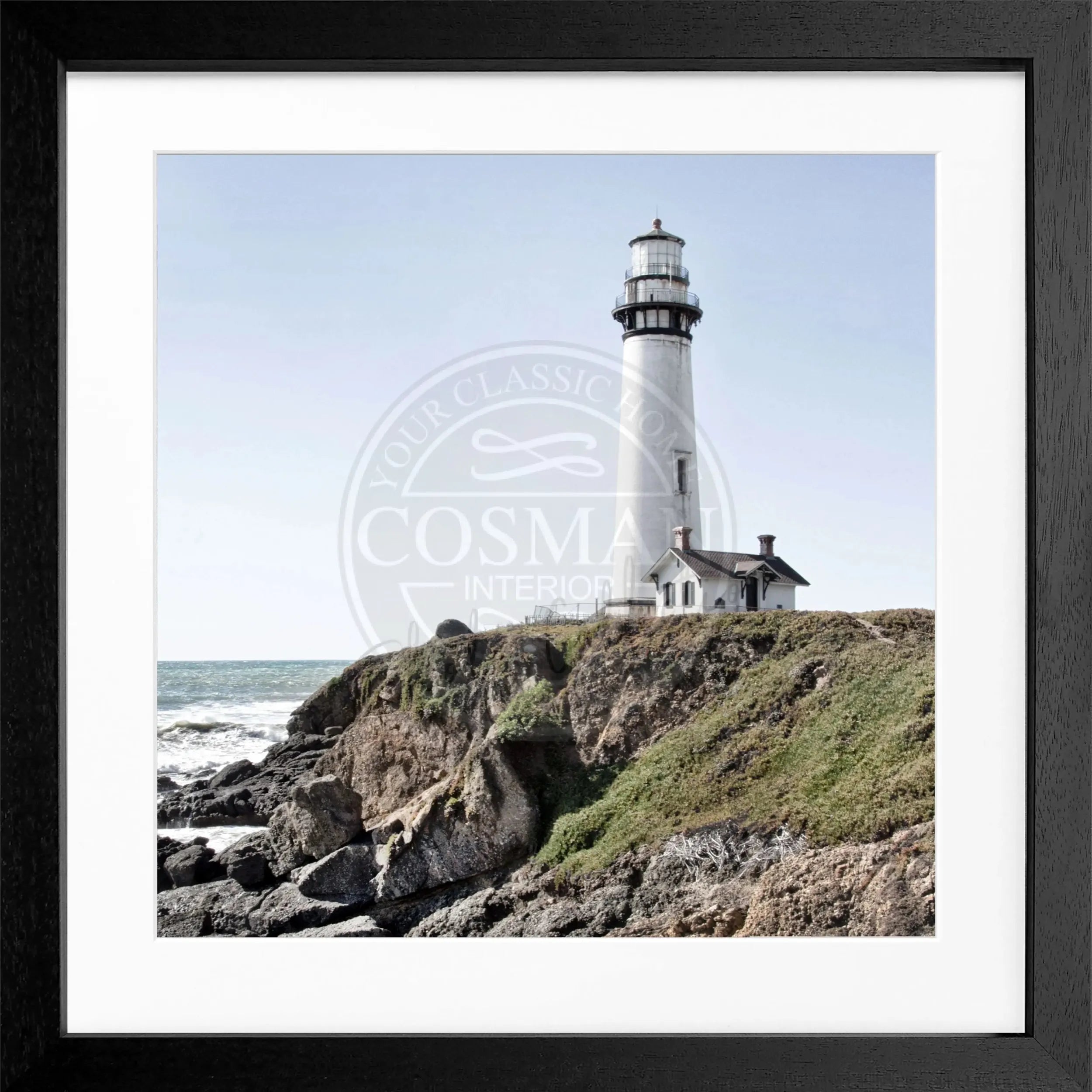 Schwarz-weiß Poster mit Rahmen, Kalifornien Lighthouse Pigeon Point, von Cosman-Photocollection, quadratisches 55x55cm Wandbild