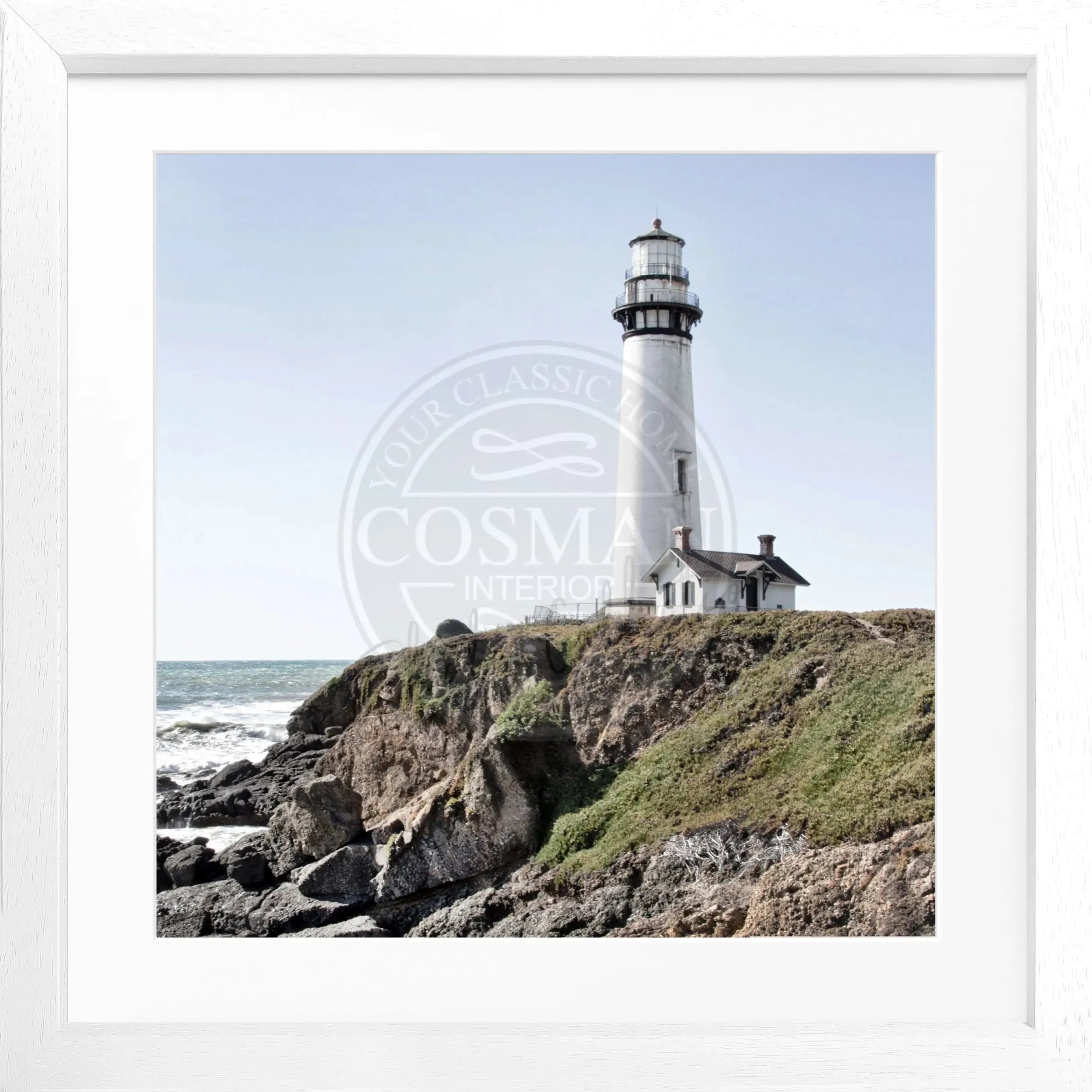 Schwarz-weiß Poster mit Rahmen, Kalifornien Leuchtturm Pigeon Point, von Cosman-Photocollection, quadratisch 55x55cm