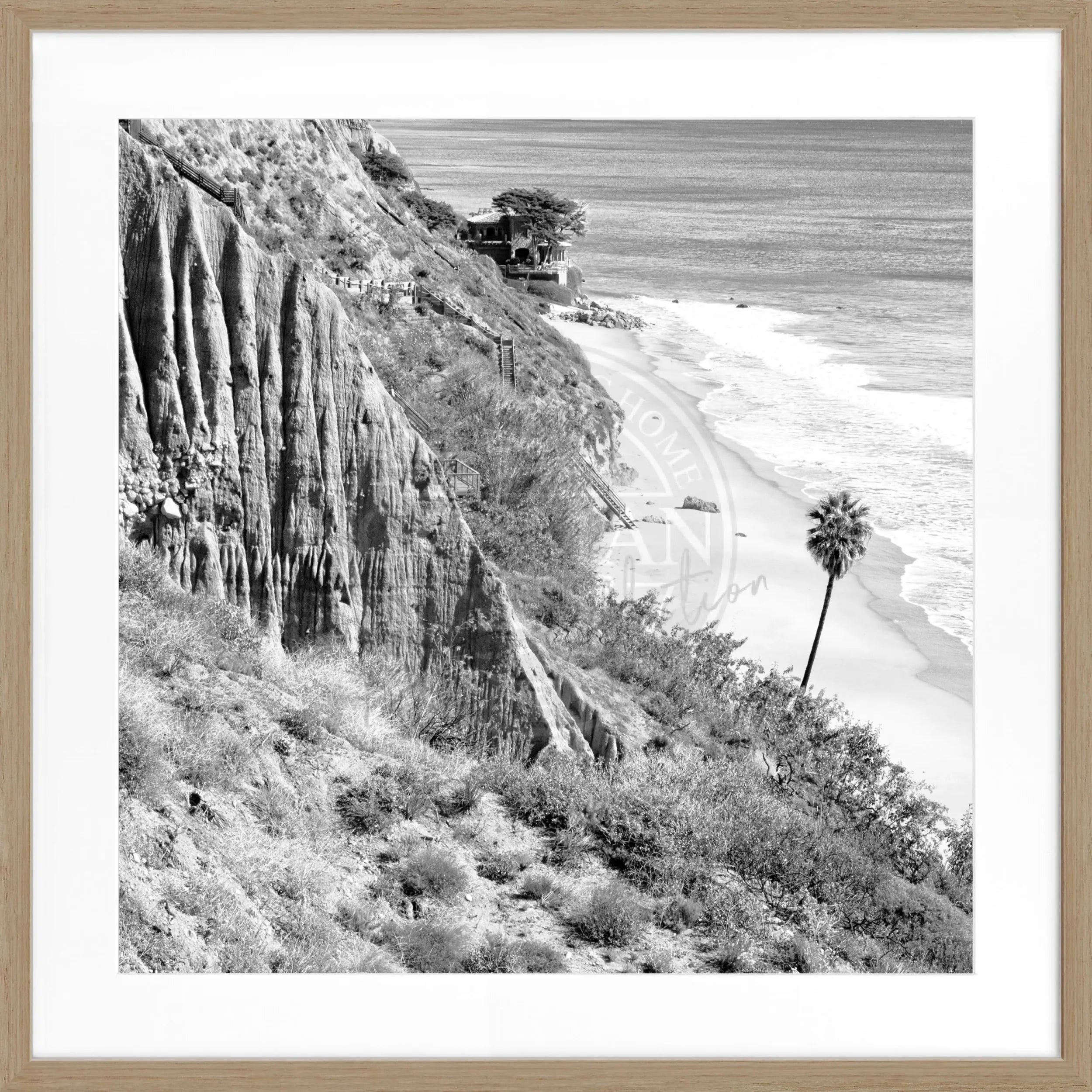 Schwarz-weiß Poster mit Rahmen, Kalifornien Malibu Motiv, quadratisch 55x55cm, von Cosman-Photocollection