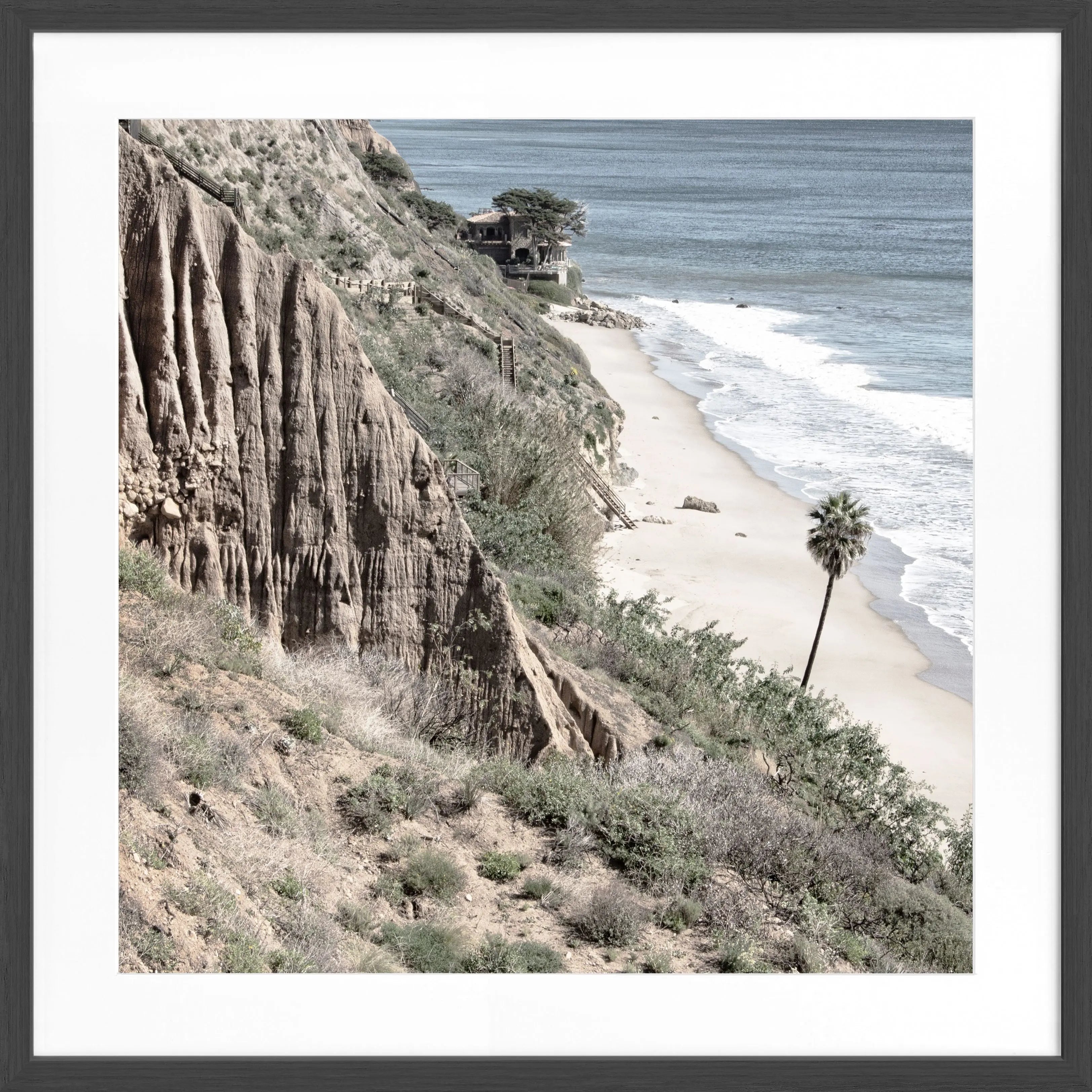 Schwarz-weiß Poster mit Rahmen, Kalifornien Malibu Motiv, quadratisch, 55x55 cm, von Cosman-Photocollection