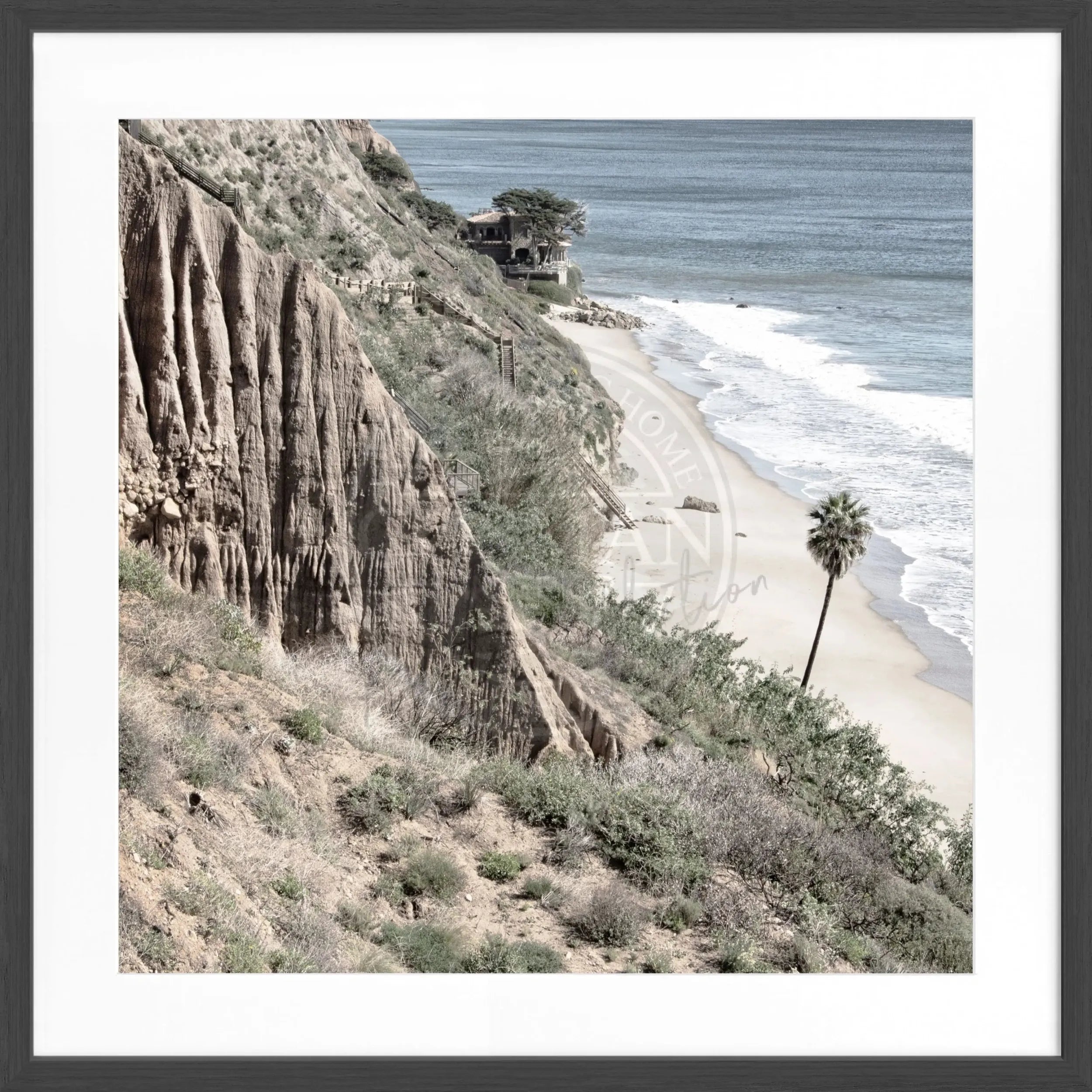 Schwarz-weiß Poster mit Rahmen von Cosman-Photocollection, Kalifornien Malibu Motiv, quadratisch 55x55 cm, Wanddekoration