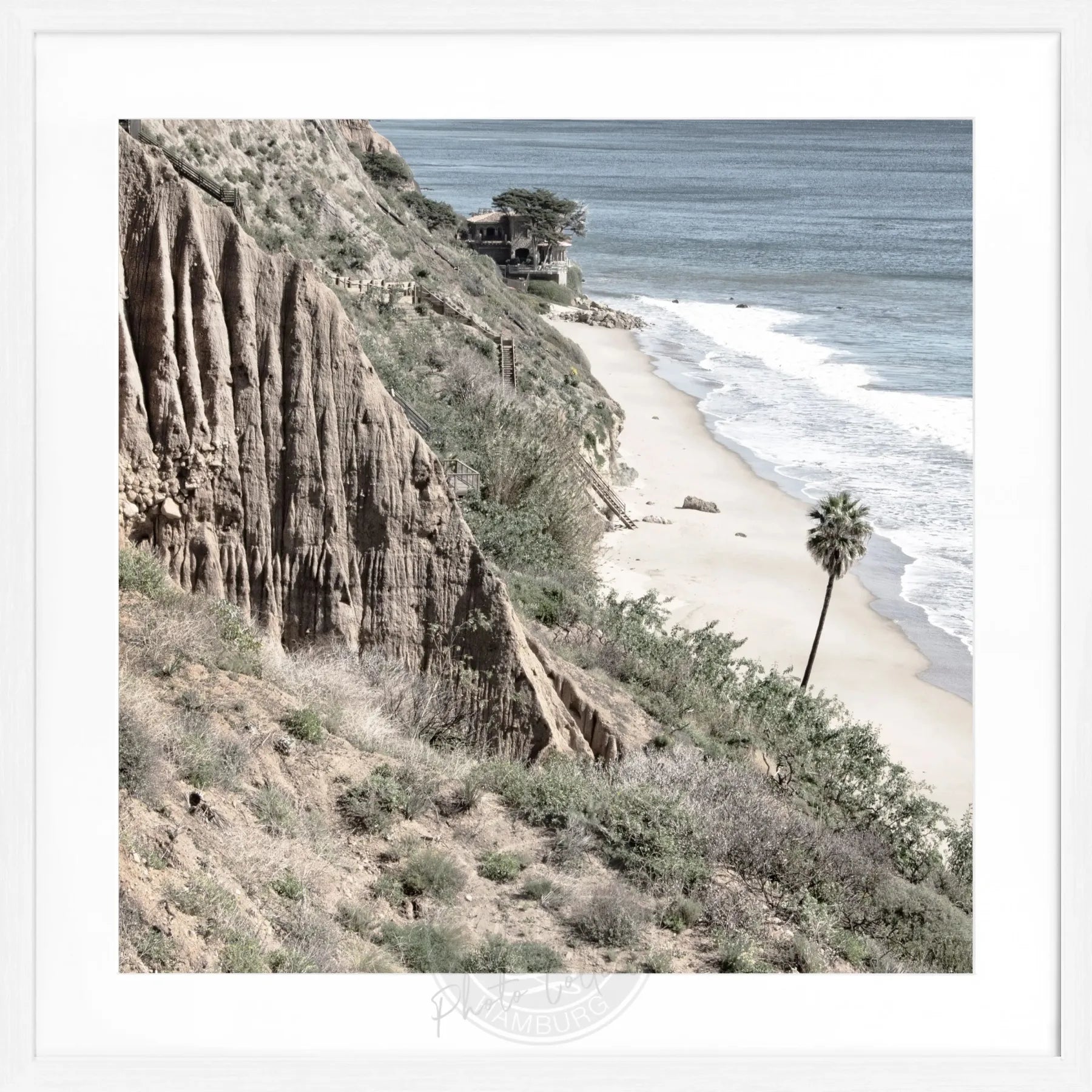 Schwarz-weiß Poster mit Rahmen, Kalifornien Malibu Motiv, Quadratisch, 55x55 cm, von Cosman-Photocollection