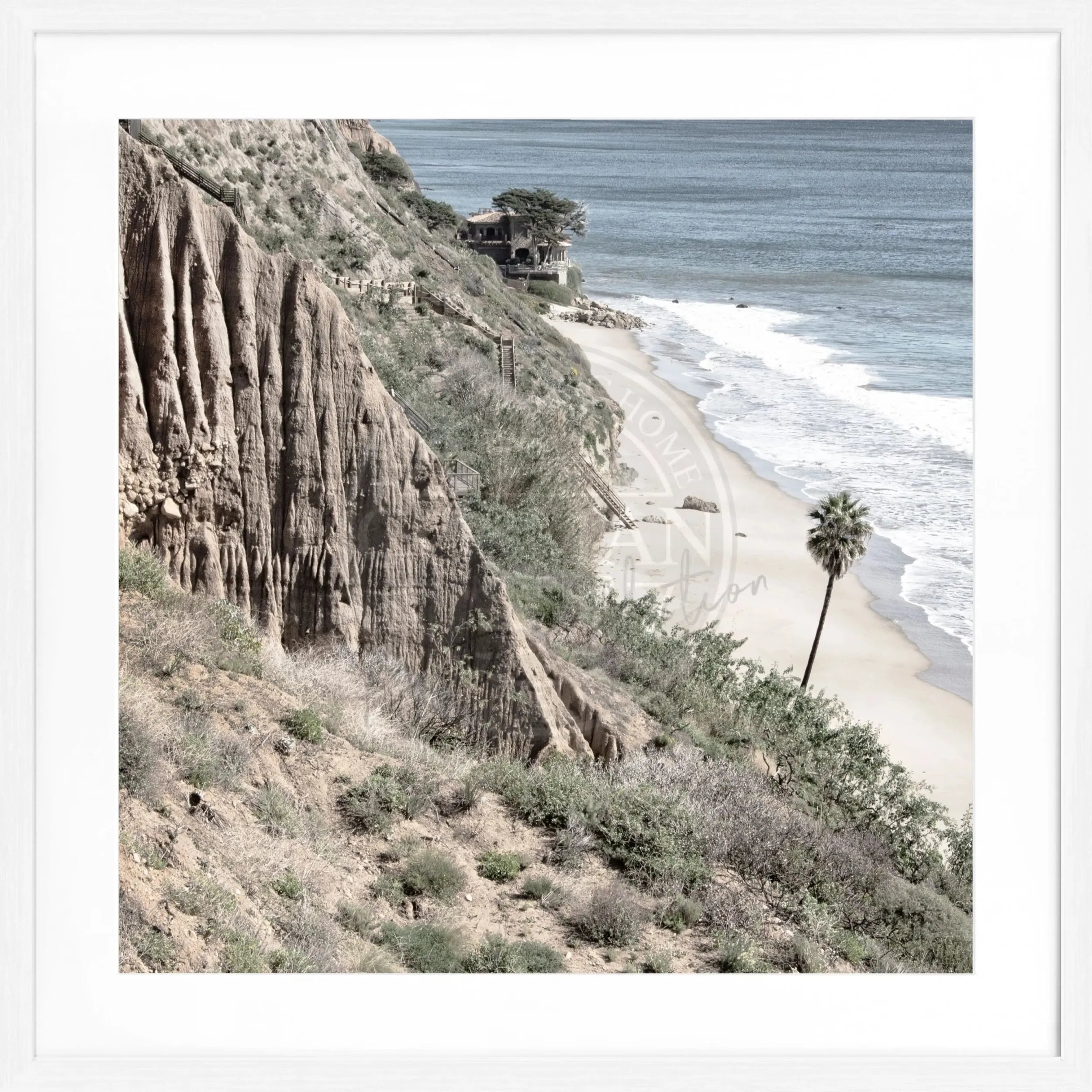Schwarz-weiß Poster mit Rahmen, Kalifornien Malibu Motiv, Quadratisch, 55x55 cm, von Cosman-Photocollection