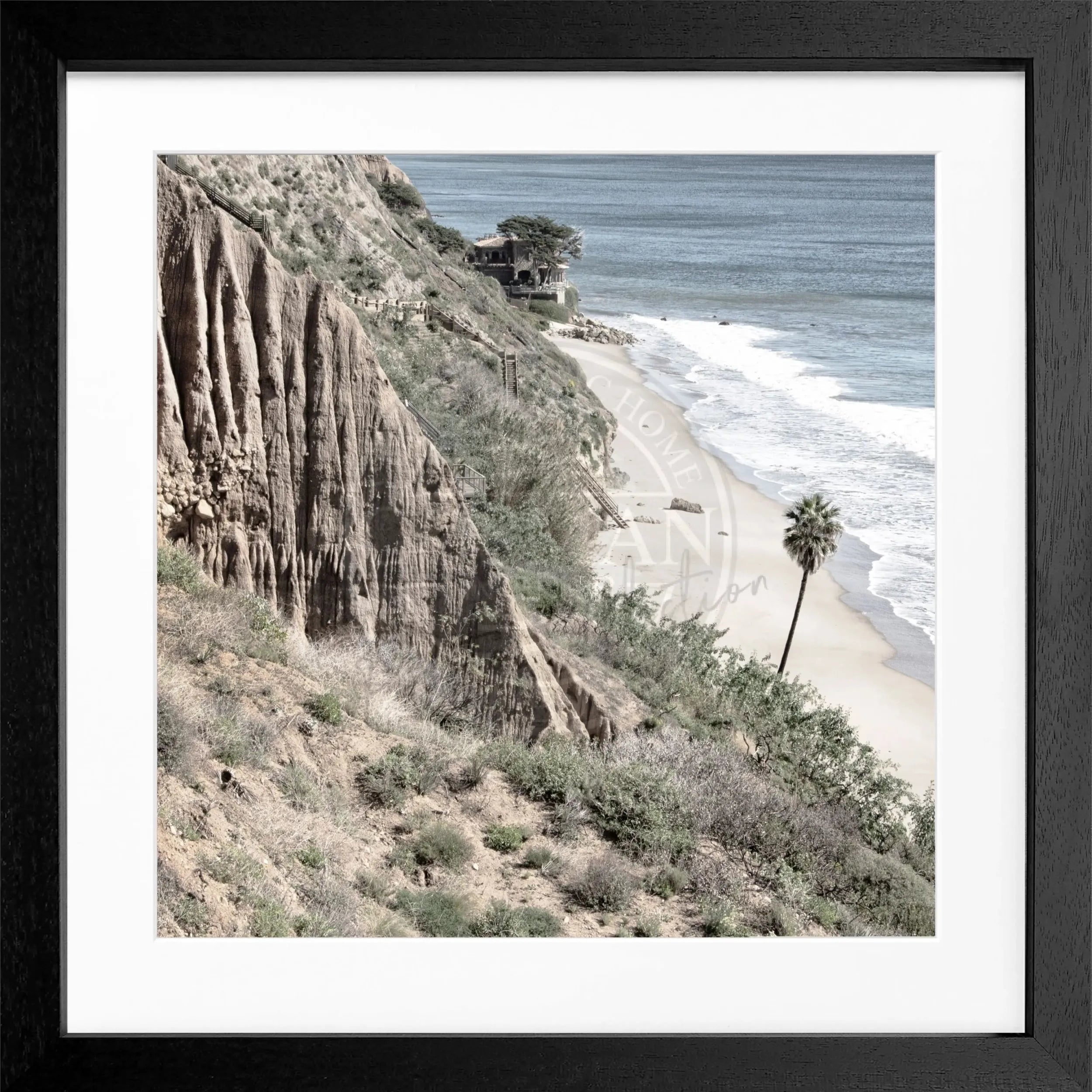 Schwarz-weißes Poster mit Rahmen von Cosman-Photocollection, Kalifornien Malibu Motiv, quadratisch 55x55cm