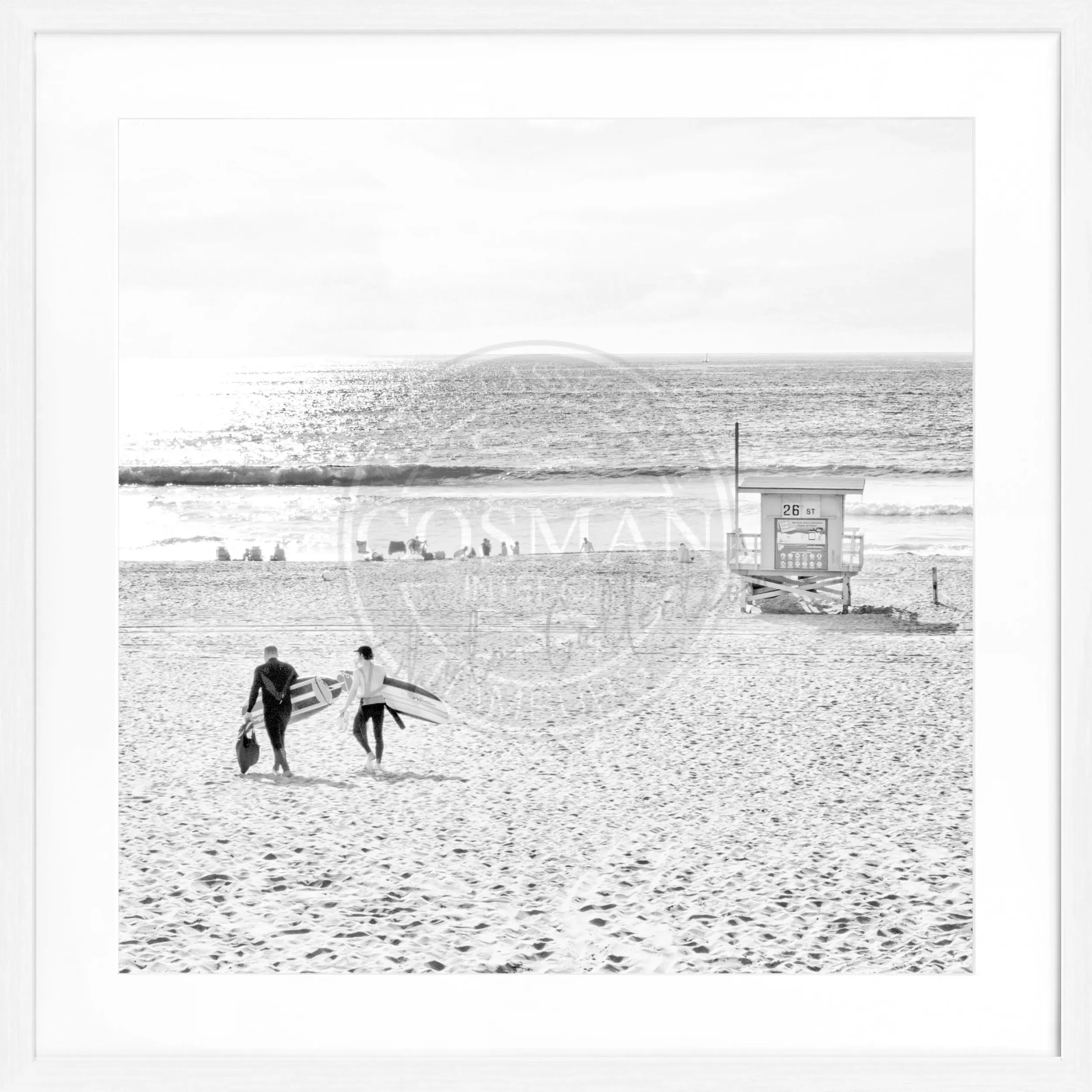 Schwarz-weiß Poster mit Rahmen, Kalifornien Manhattan Beach, quadratisch, 55x55cm, von Cosman-Photocollection