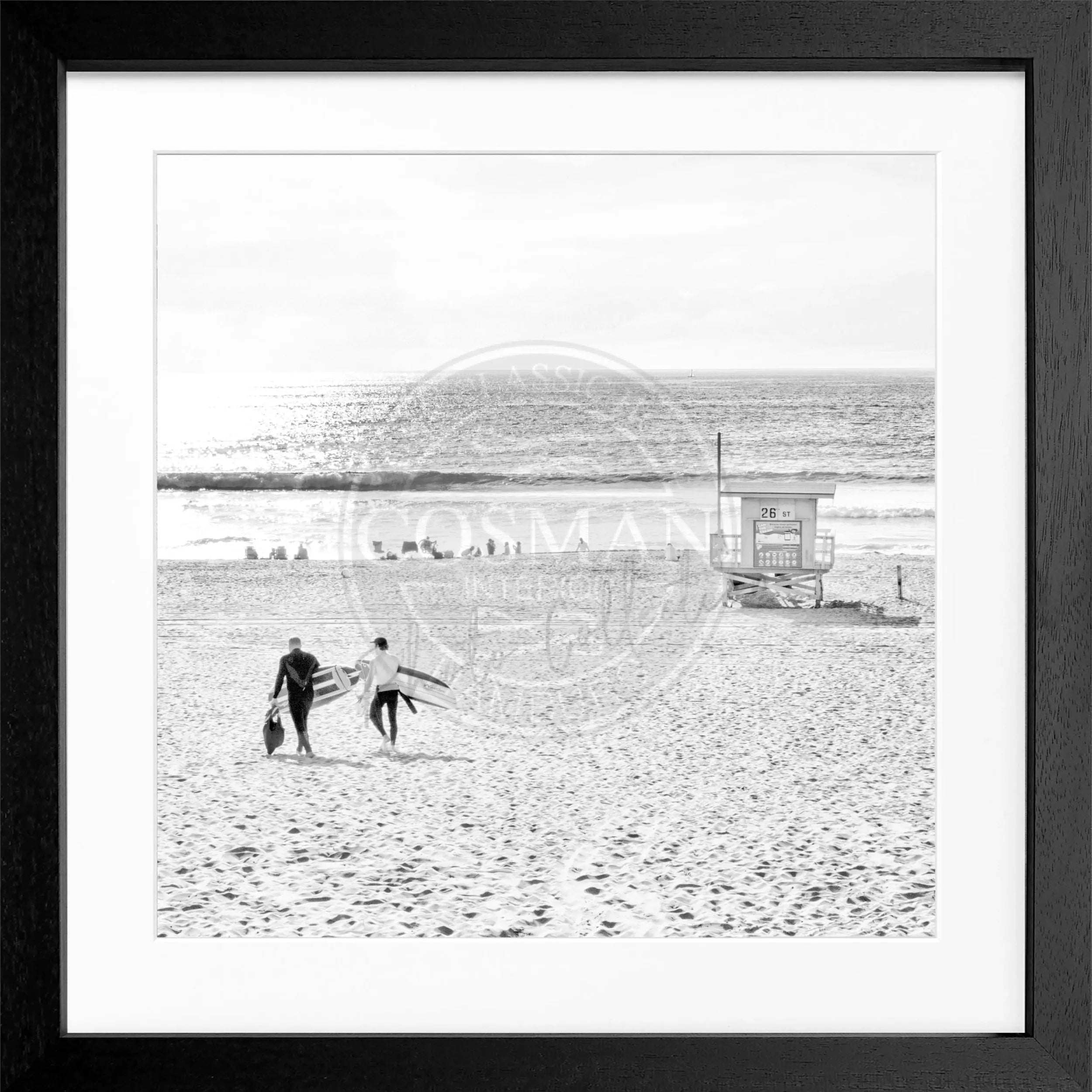 Schwarz-weiß Poster von Cosman-Photocollection mit Rahmen, Kalifornien Manhattan Beach, quadratisch, 55x55cm, Motiv in Schwarz-Weiß