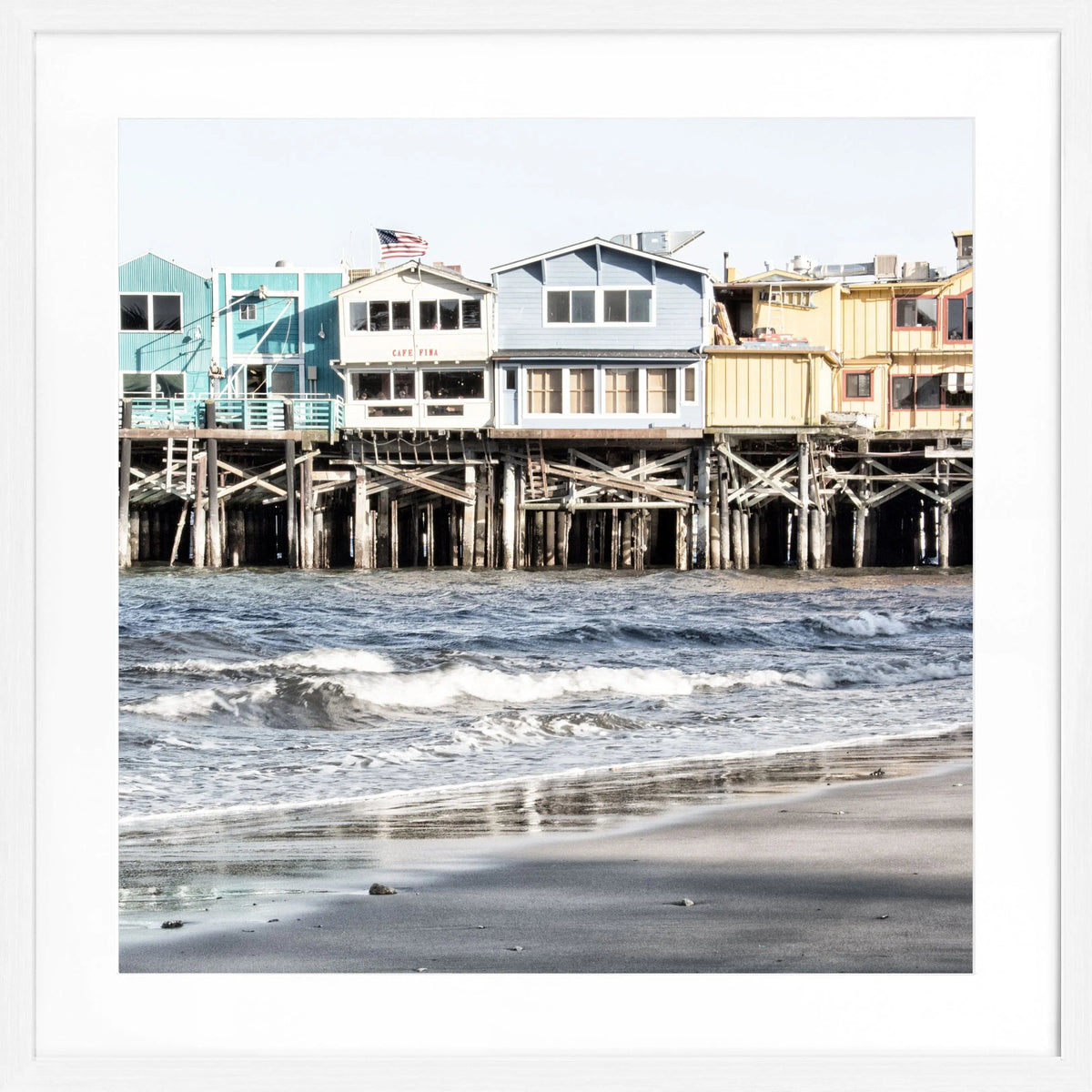 Schwarz-weiß Poster mit Rahmen von Cosman-Photocollection, Kalifornien Pier Monterey, quadratisch 55x55cm, stilvolles Wandbild