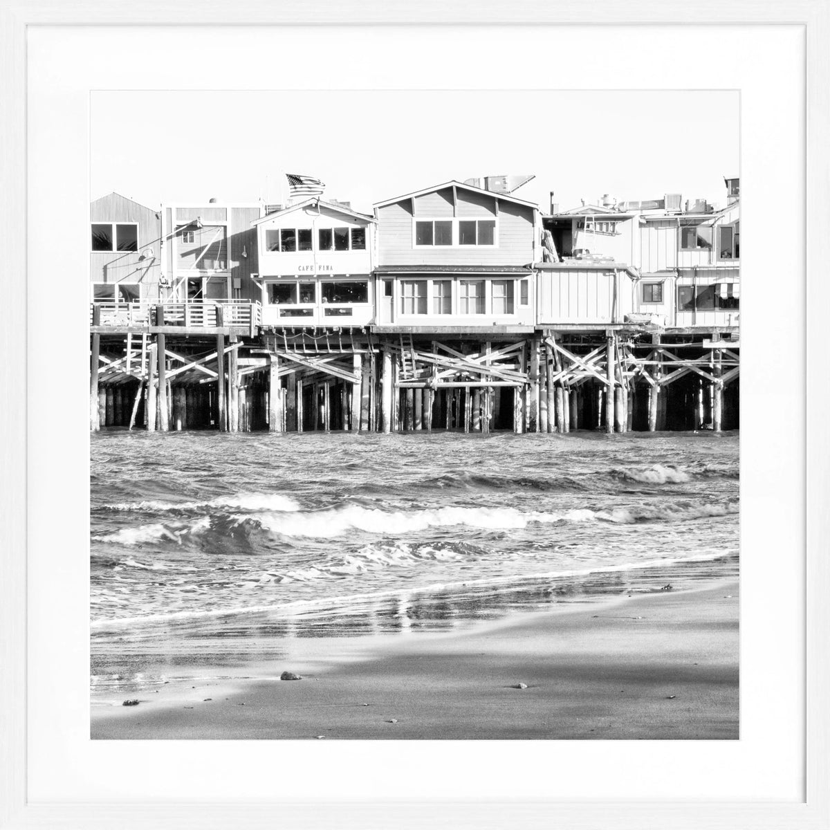Schwarz-weiß Poster mit Rahmen von Cosman-Photocollection, Kalifornien Pier Monterey, quadratisch, 55x55cm, modernes Wandbild