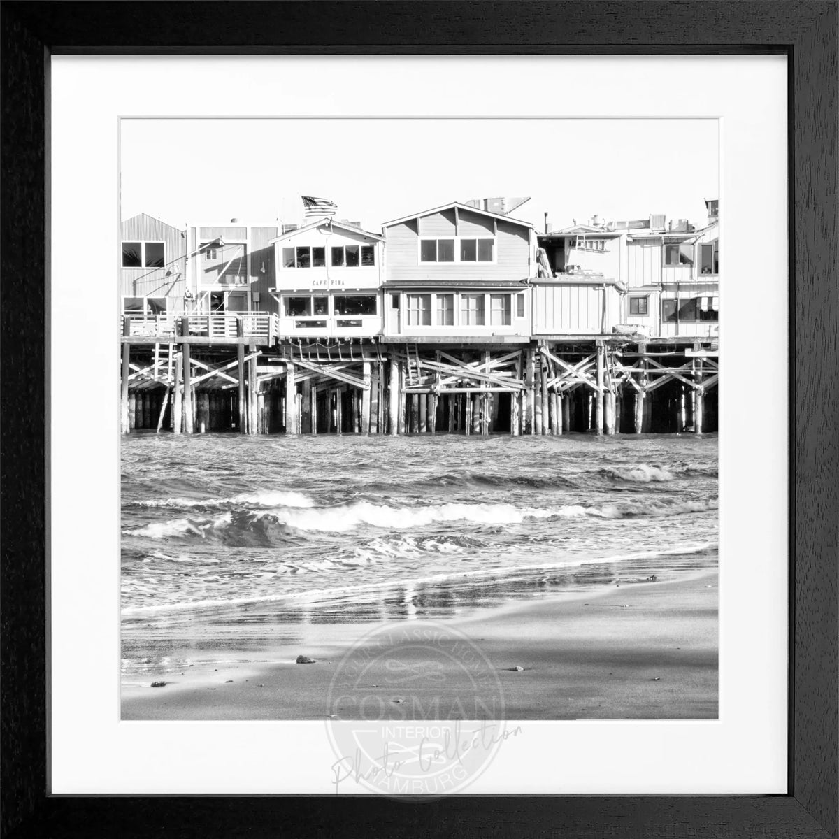 Schwarz-weiß Poster mit Rahmen, Kalifornien Pier Monterey, Cosman-Photocollection, quadratisches 55x55cm Kunstwerk
