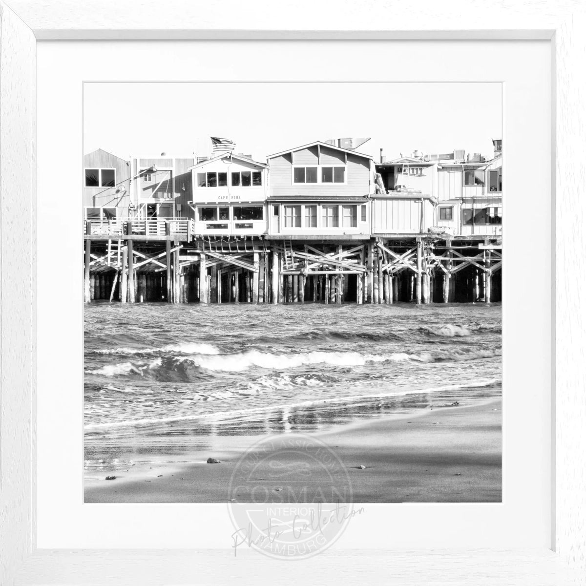 Schwarz-weiß Poster mit Rahmen, Kalifornien Pier Monterey Motiv, quadratisch, 55x55cm, von Cosman-Photocollection