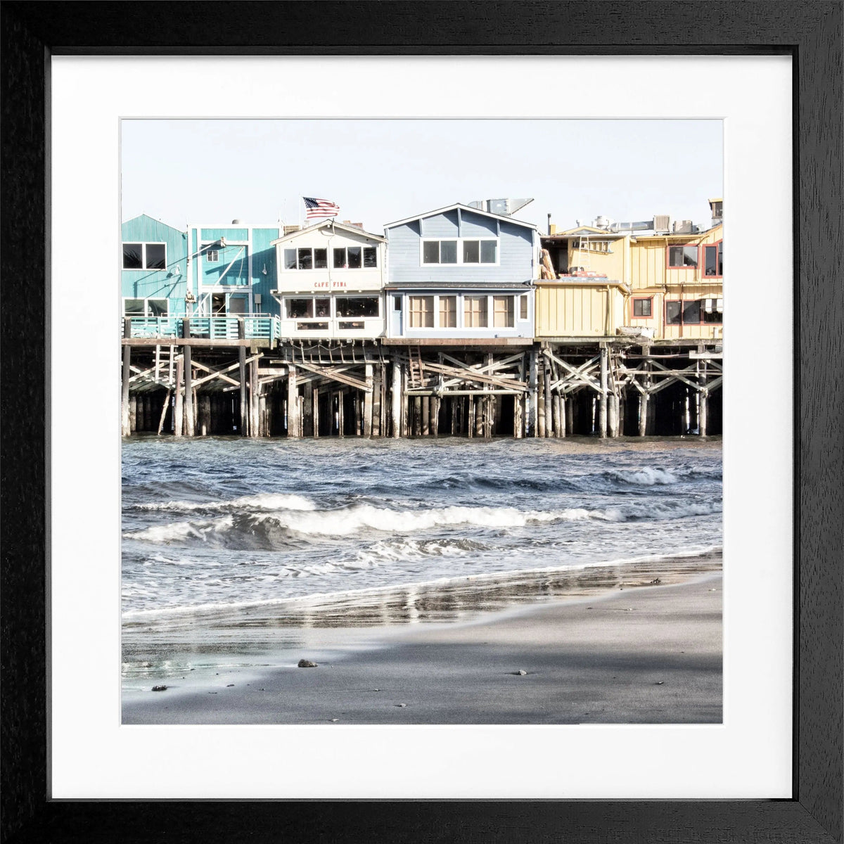 Schwarz-weiß Poster mit Rahmen, Kalifornien Pier Monterey, quadratisch 55x55cm, von Cosman-Photocollection, fotografisches Wandbild
