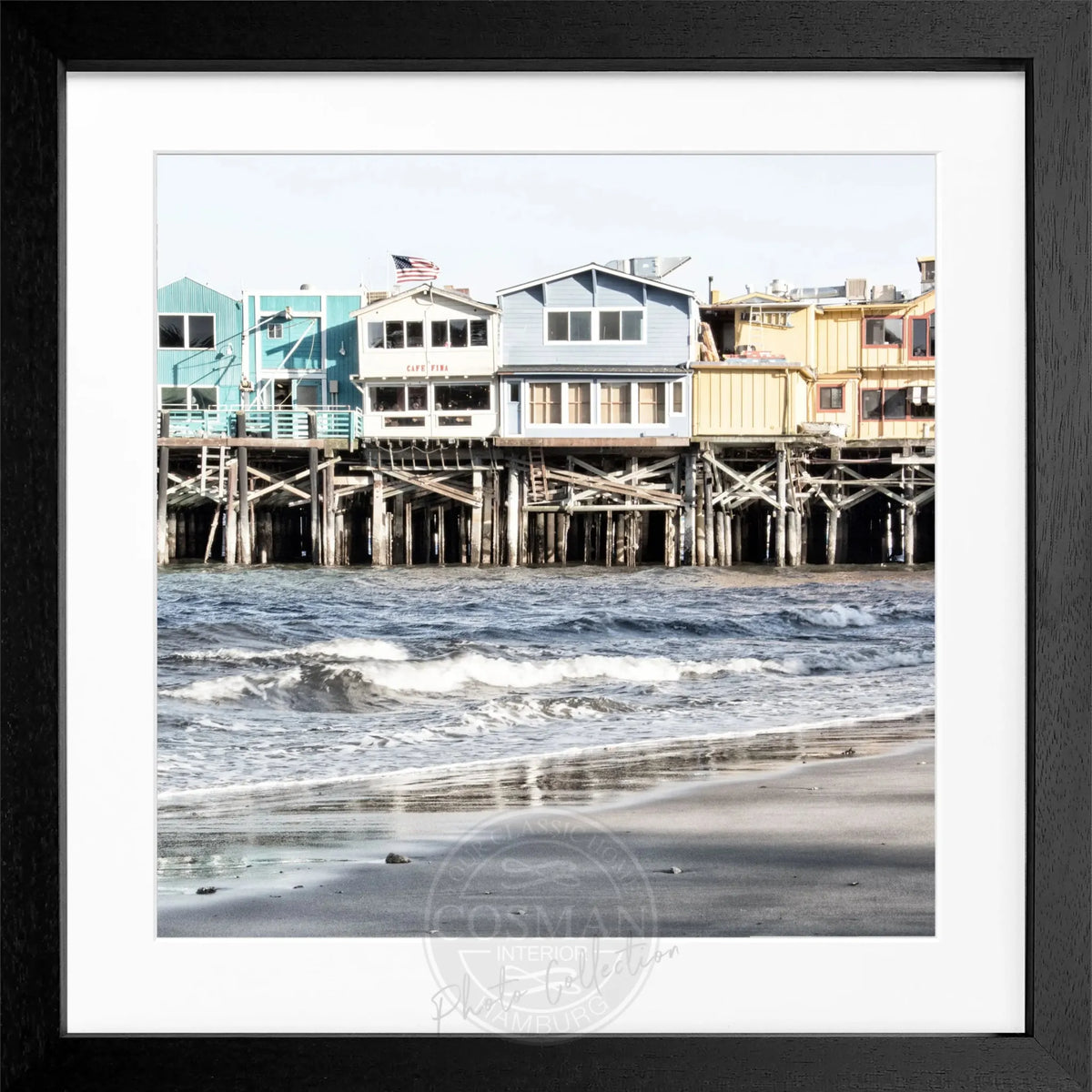 Schwarz-weiß Poster mit Rahmen, Kalifornien Pier Monterey, quadratisch 55x55cm, von Cosman-Photocollection, fotografisches Wandbild