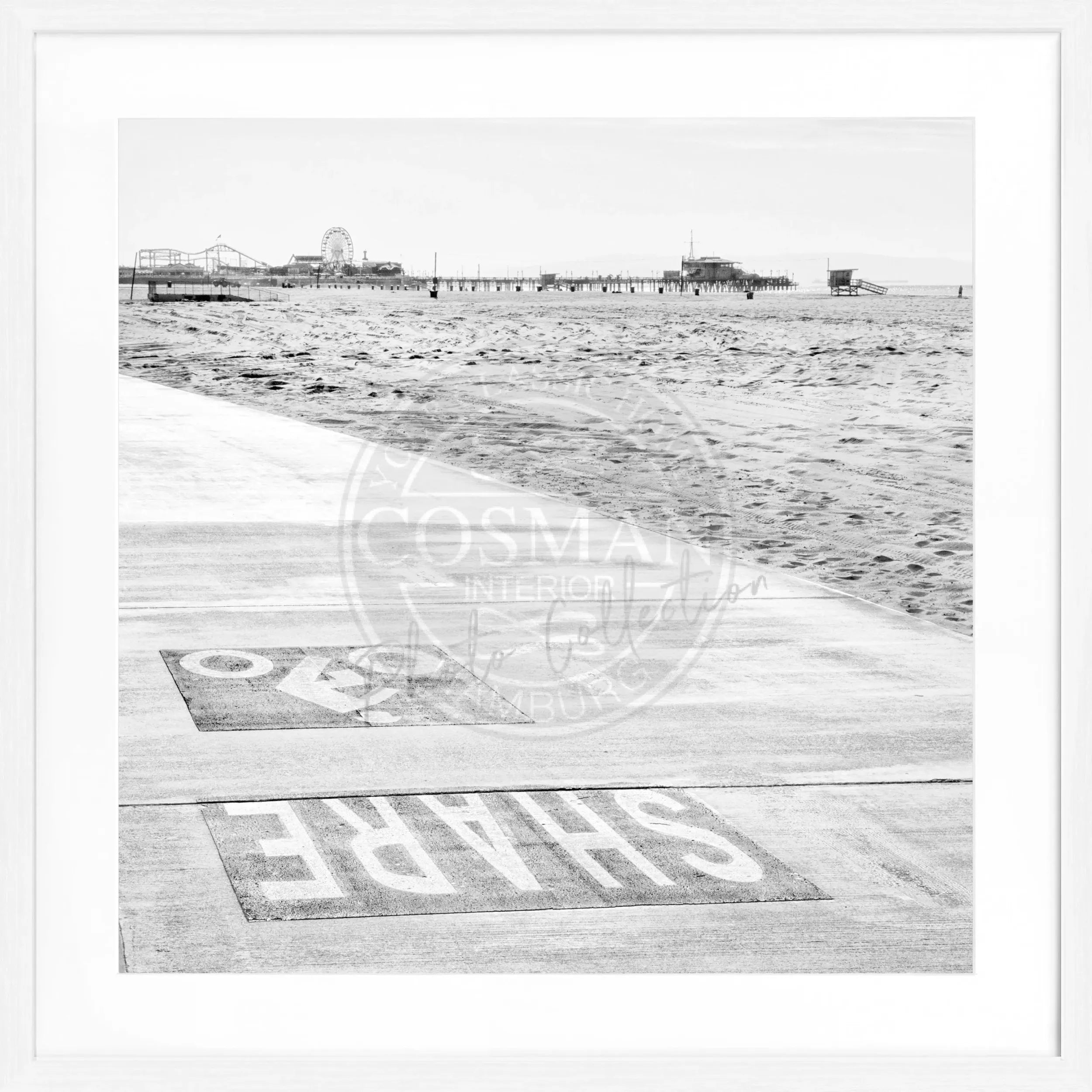 Schwarz-weiß Poster mit Rahmen, Kalifornien Santa Monica Beach, quadratisch, 55x55cm, von Cosman-Photocollection