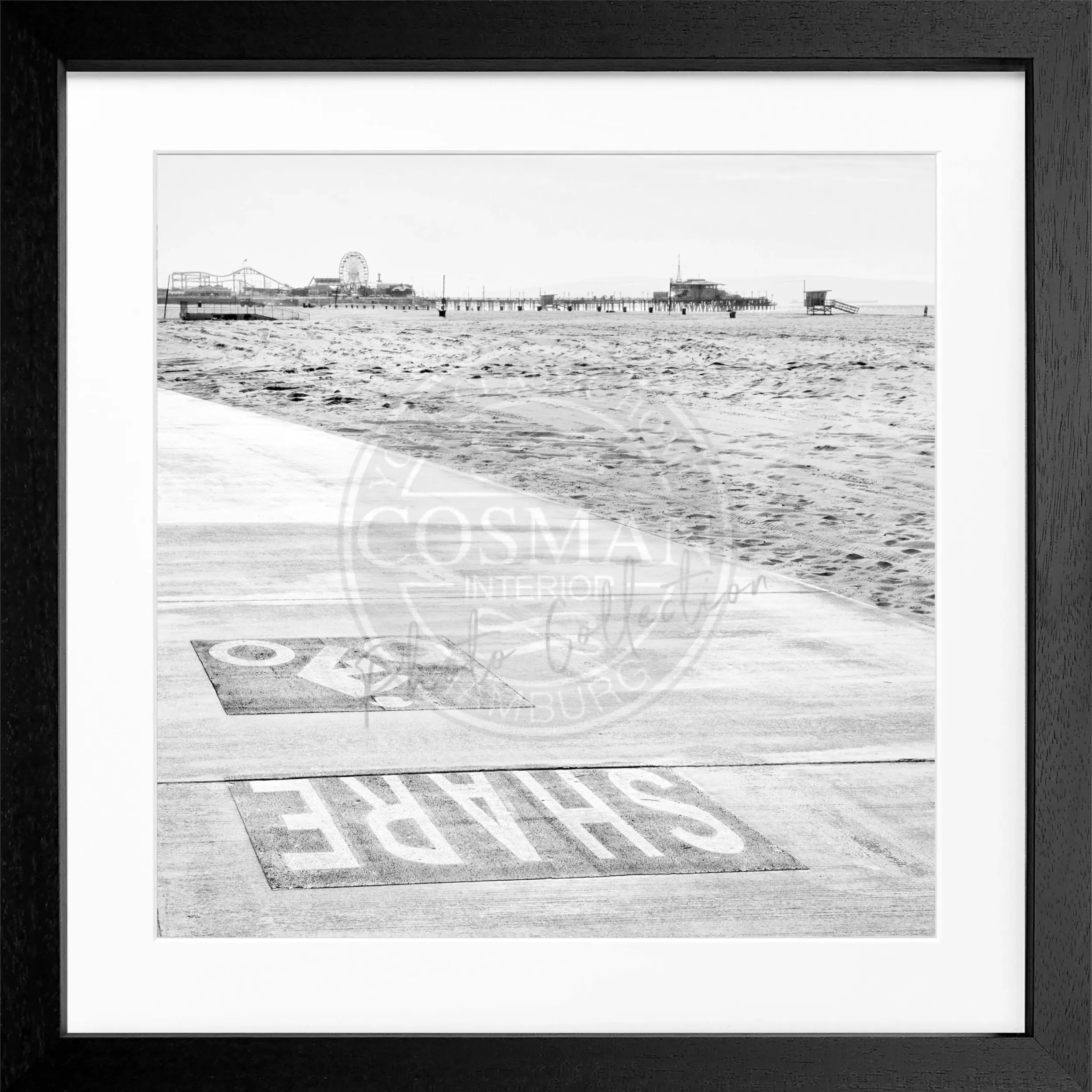 Schwarz-weiß Poster von Cosman-Photocollection mit Rahmen, Kalifornien Santa Monica Beach, quadratisches Wandbild 55x55cm