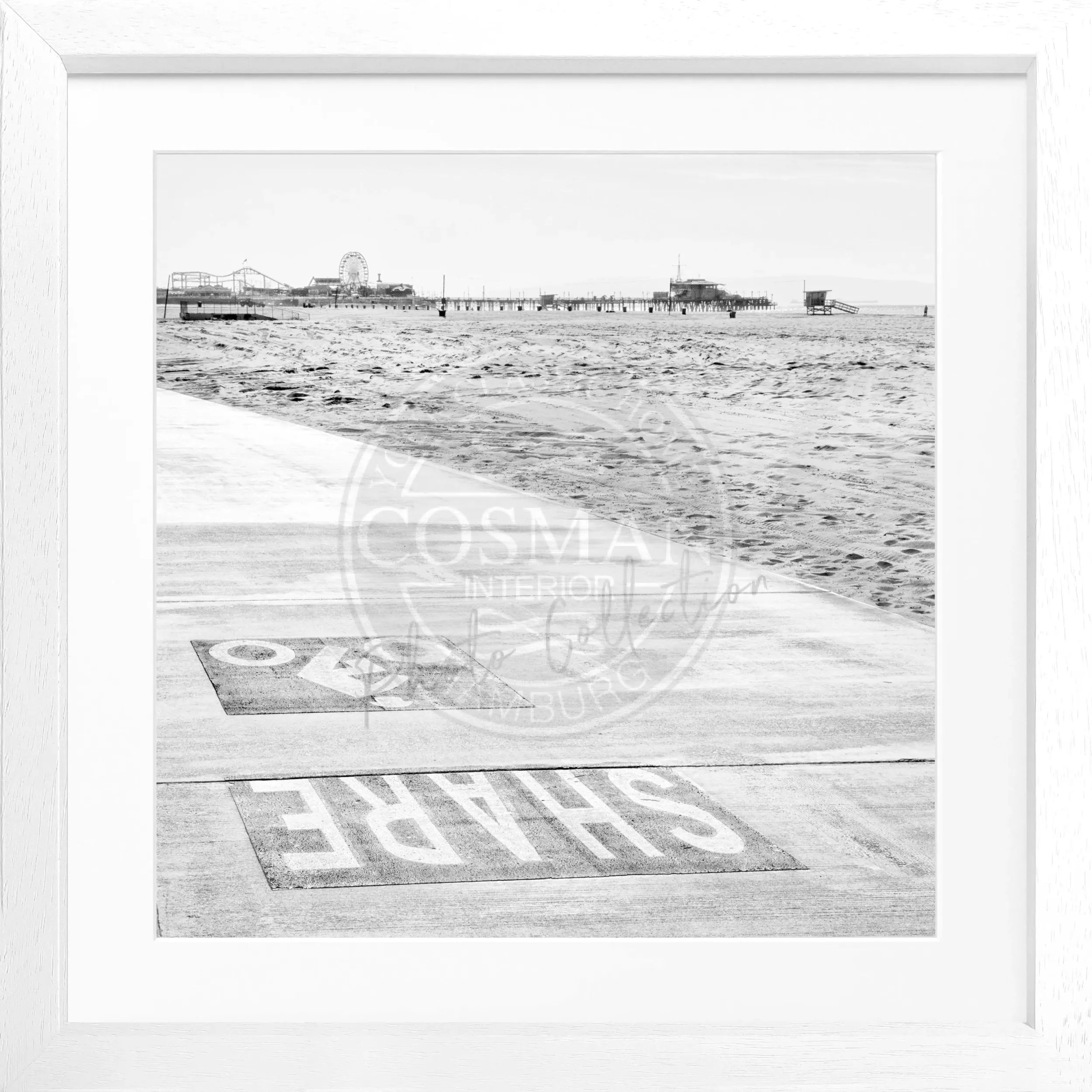 Schwarz-weiß Poster mit Rahmen, Kalifornien Santa Monica Beach Motiv, 55x55cm, von Cosman-Photocollection.
