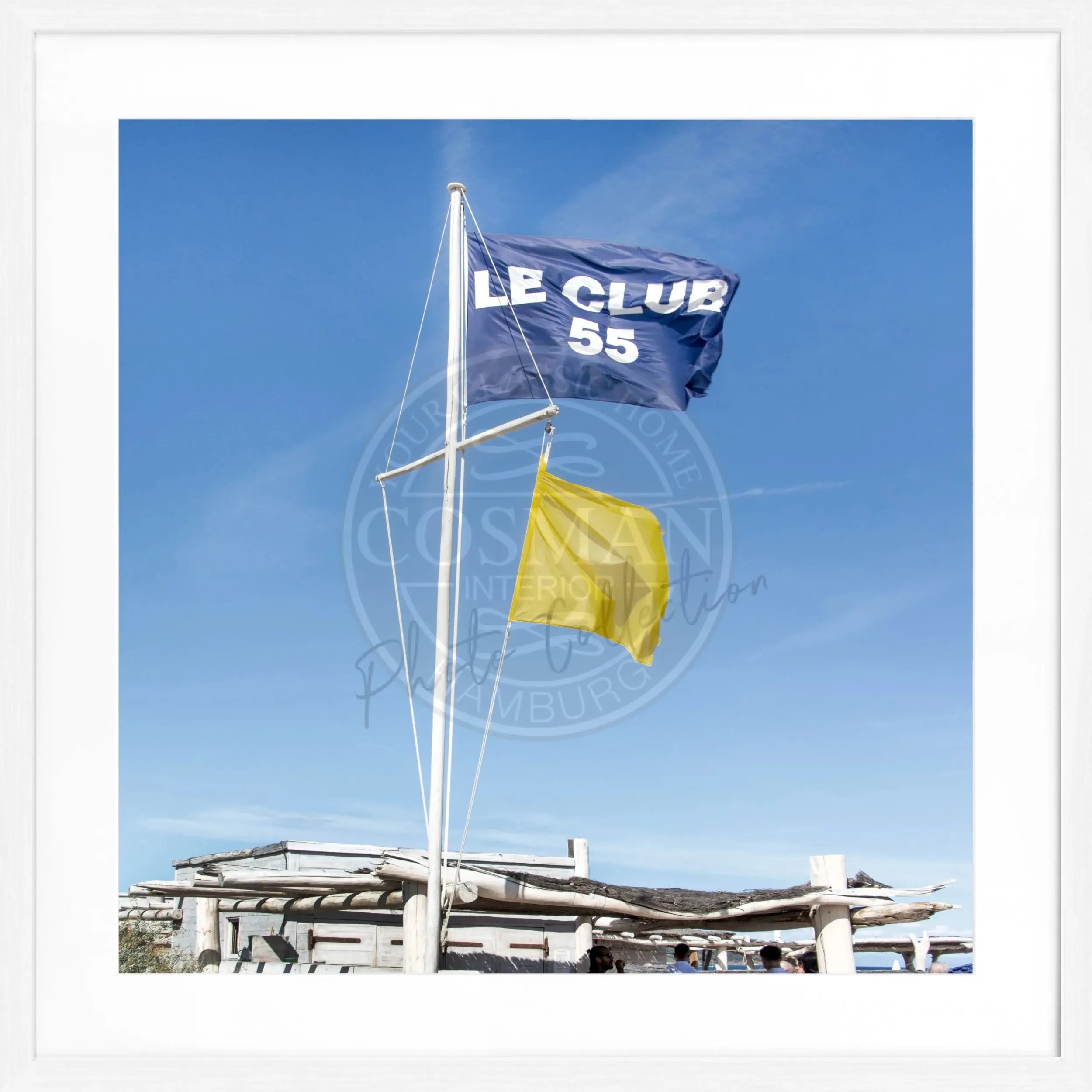 Schwarz-Weiß-Poster mit Rahmen von Cosman-Photocollection, Motiv ’Le Club 55’ Saint Tropez, quadratisch, 55x55 cm