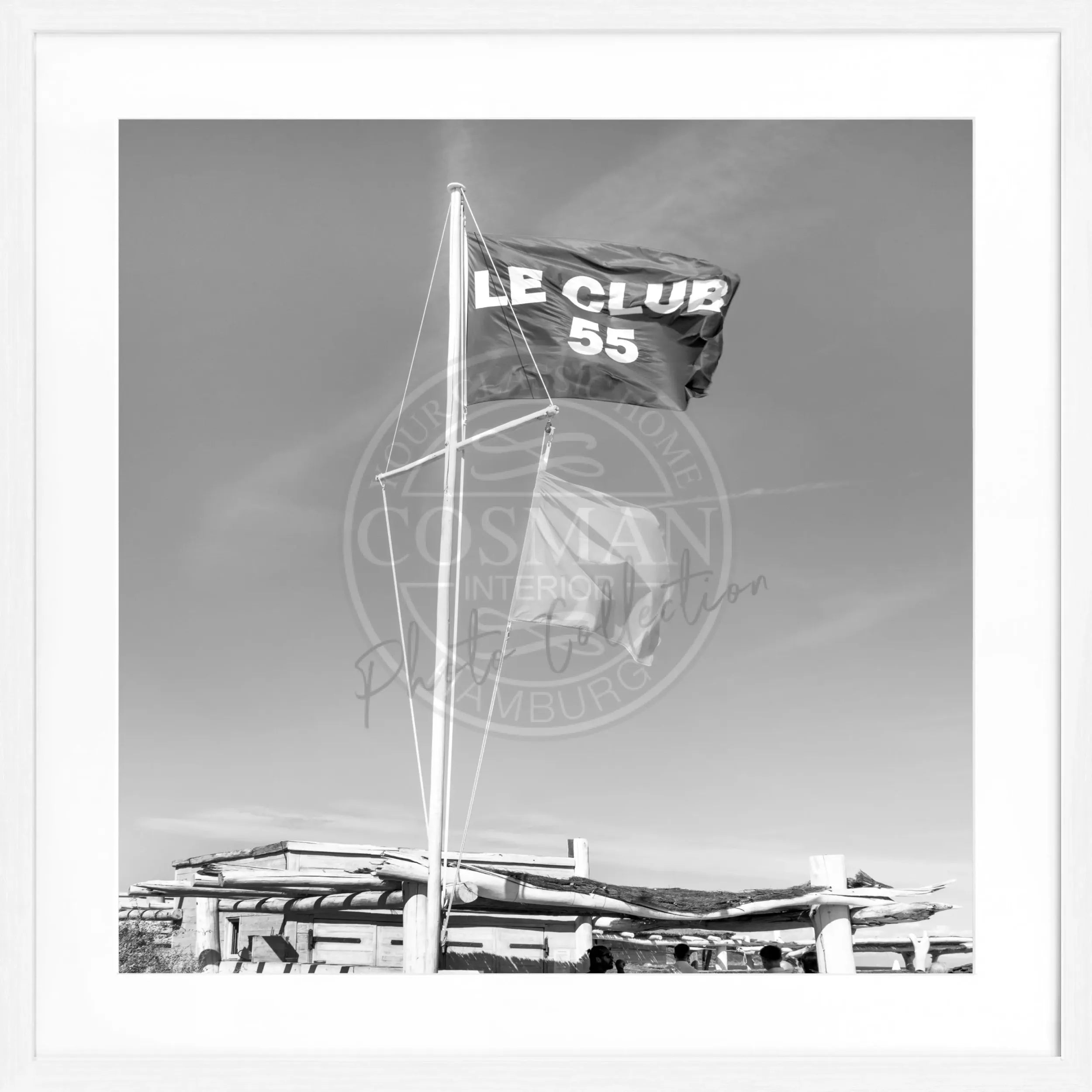 Schwarz-weiß Poster mit Rahmen 'Le Club 55' Saint Tropez, quadratisch, 55x55cm, von Cosman-Photocollection.