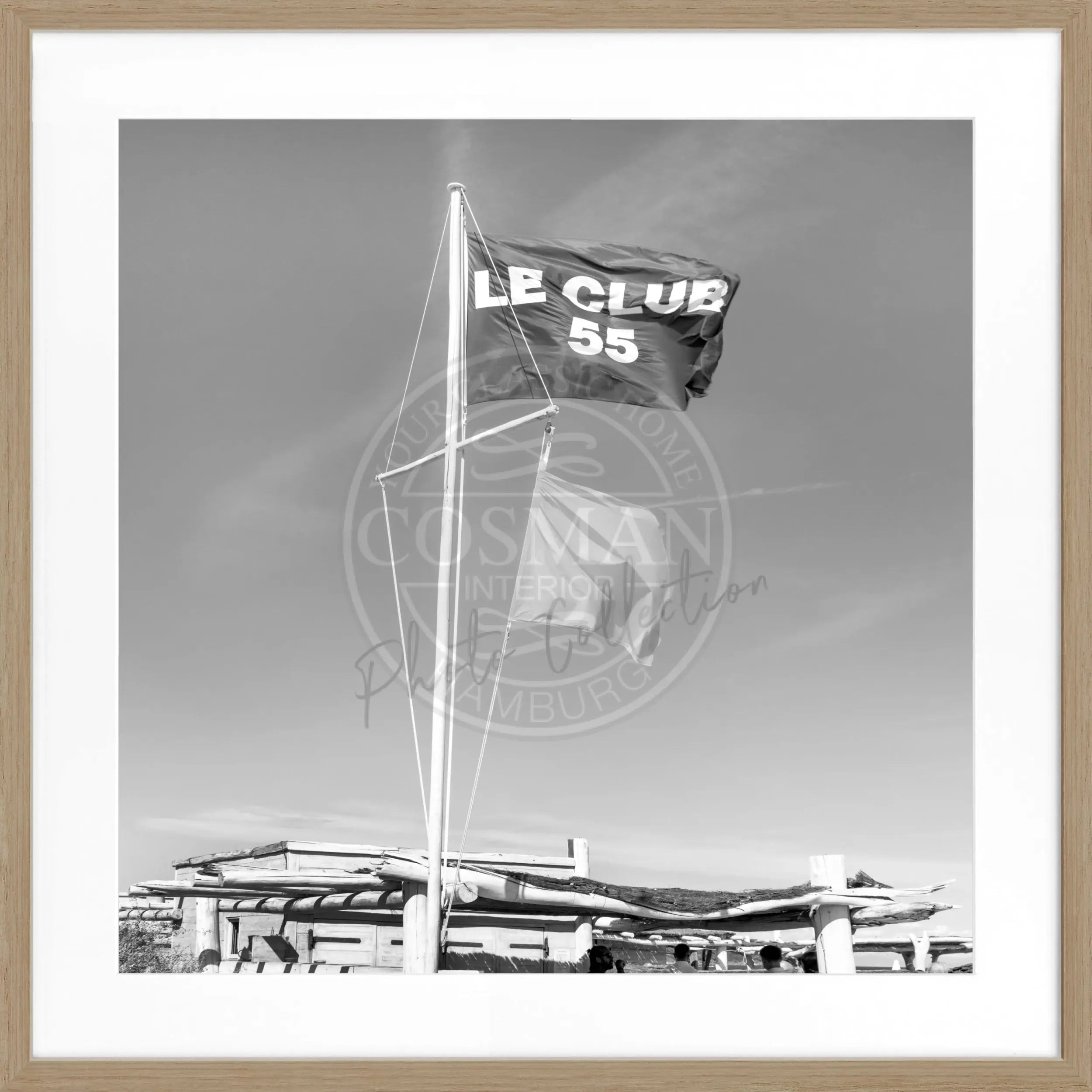 Schwarz-weiß Poster mit Rahmen 'Le Club 55' Saint Tropez, 55x55cm, von Cosman-Photocollection, quadratisches Wandbild