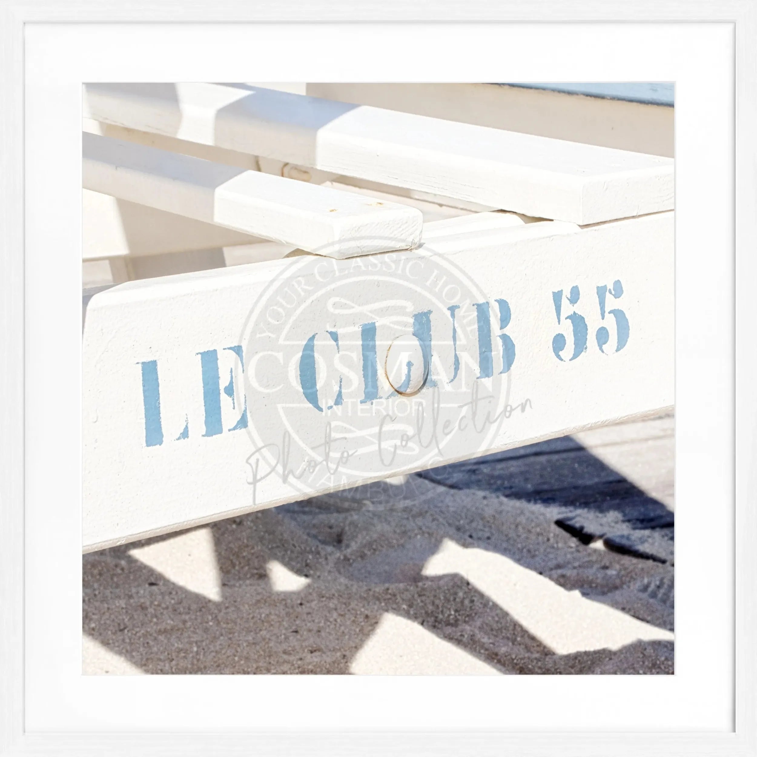 Schwarz-weißer Poster mit Rahmen, Motiv von Le Club 55 in Saint Tropez, 55x55cm, von Cosman-Photocollection
