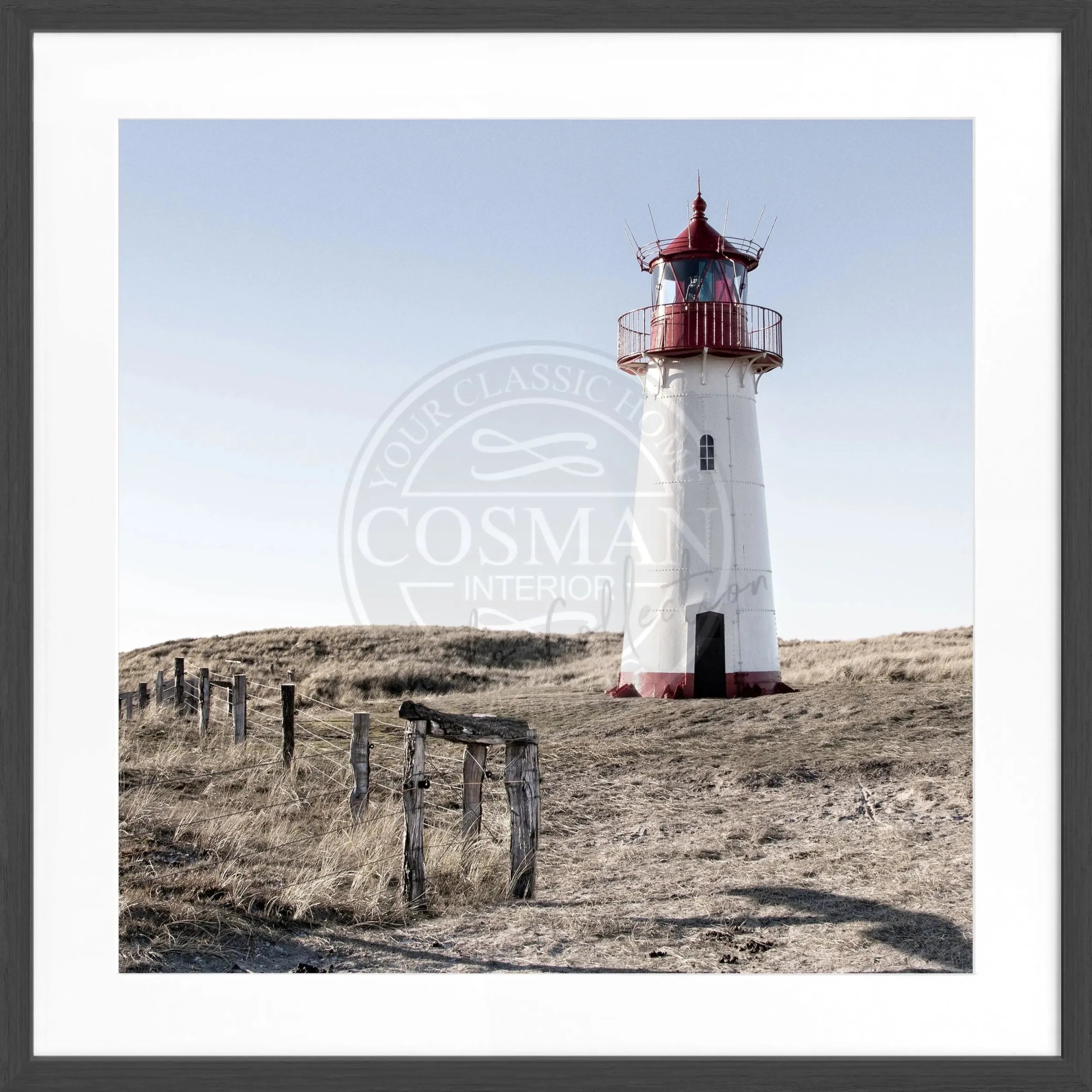Schwarz-weiß Poster mit Rahmen, Leuchtturm List West auf Sylt, von Cosman-Photocollection, quadratisch 55x55cm.